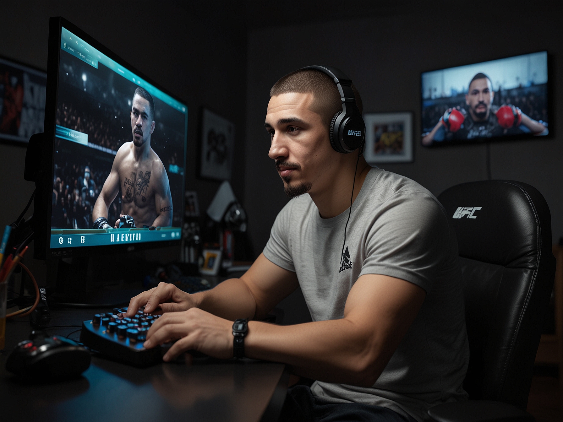 Robert Whittaker, wearing UFC gear, streaming a game to his fans on his high-tech gaming setup, illustrating his passion for gaming as a potential career post-UFC.