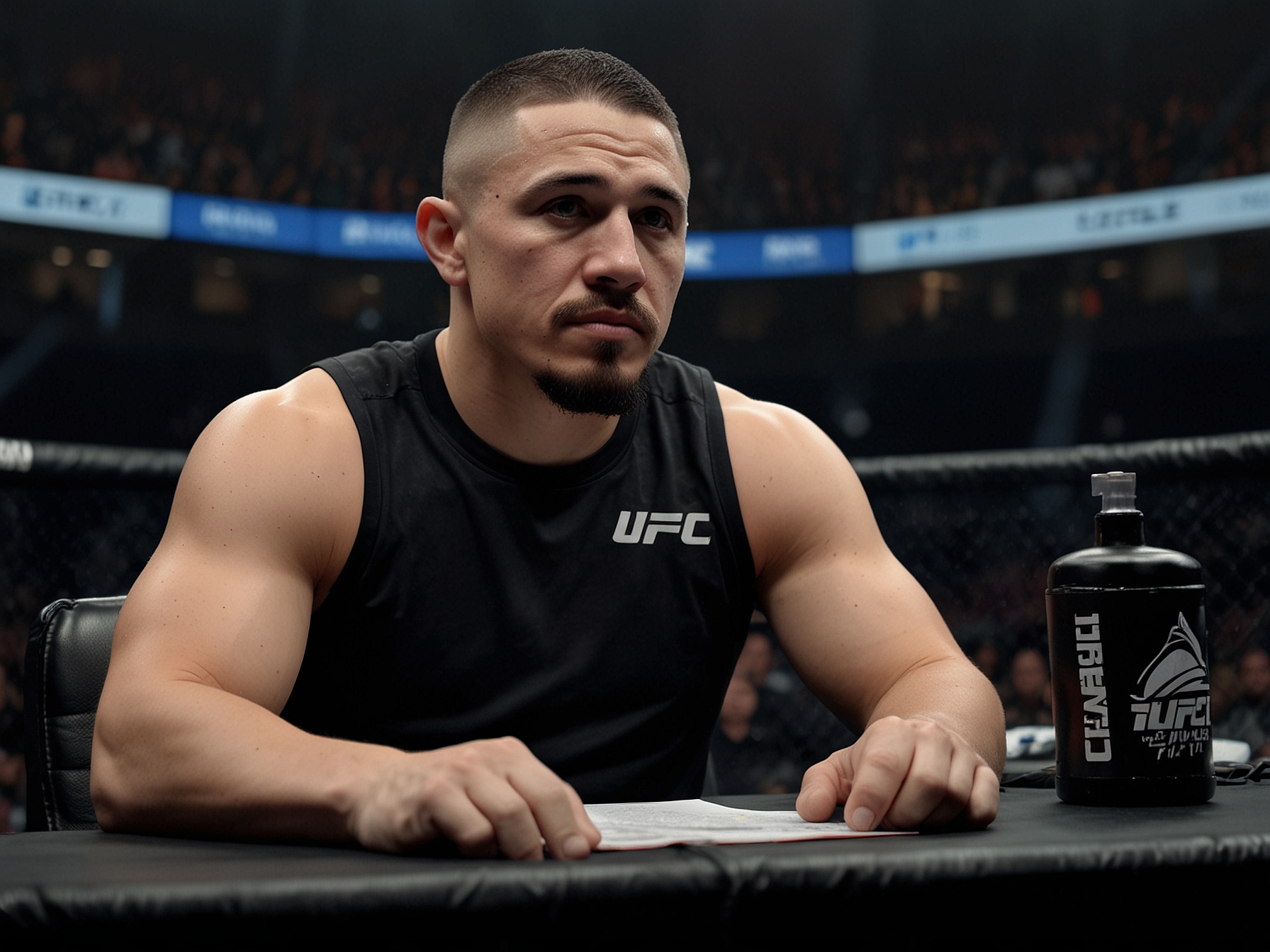 Whittaker sits behind a commentary desk beside UFC analysts, signifying his potential future role as a UFC commentator, ready to provide expert fight analysis.
