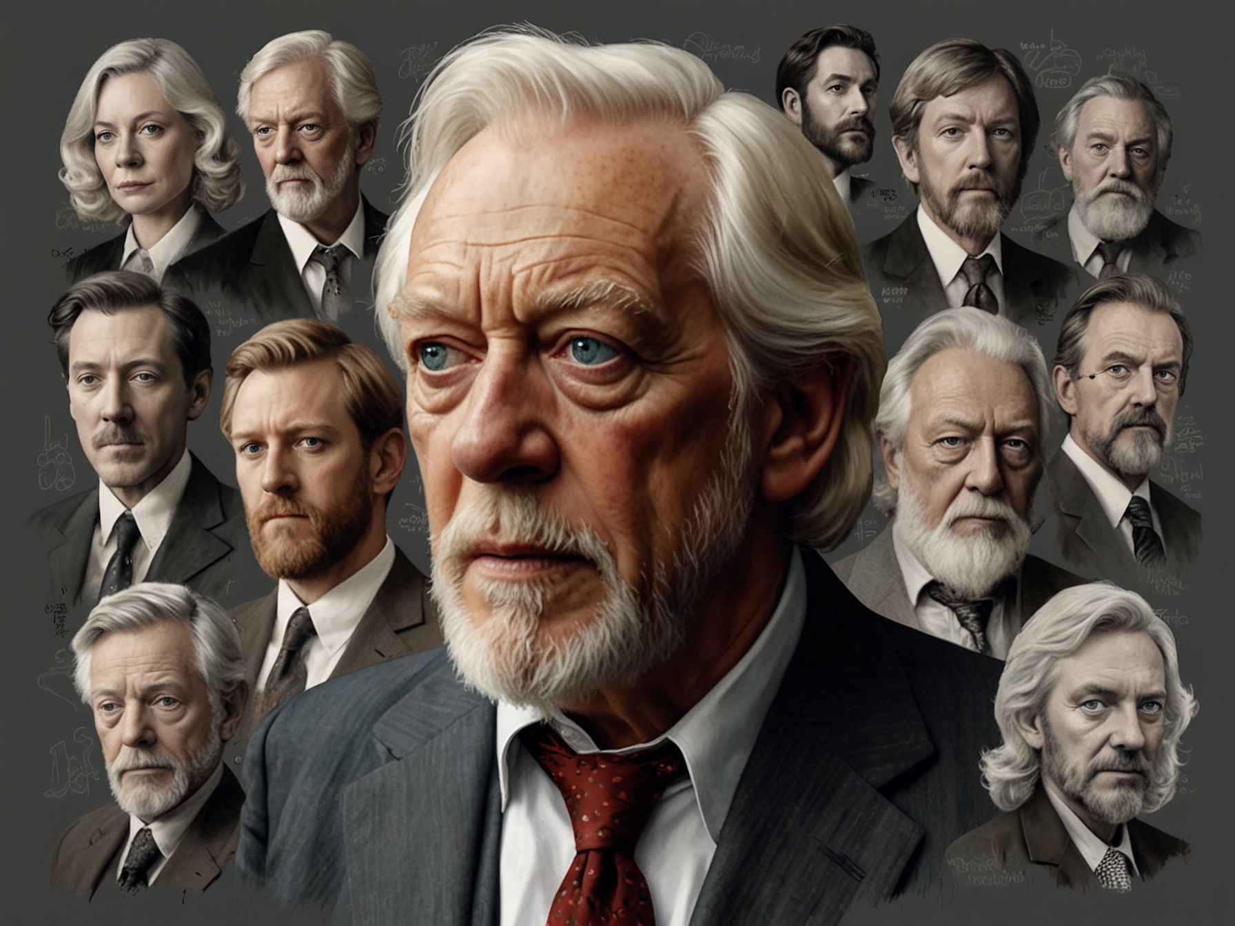 A heartwarming collage featuring Donald Sutherland in various iconic roles throughout his illustrious career, reflecting his versatility and influence in the world of cinema.