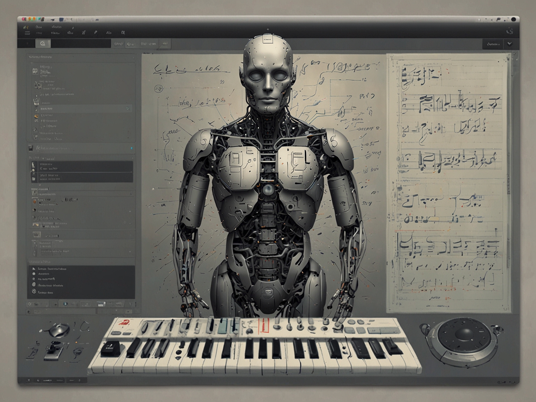 An illustration showcasing the versatility of AI tools, including a computer screen with text generated by ChatGPT, images by DALL-E, and music notes representing AIVA’s compositions.
