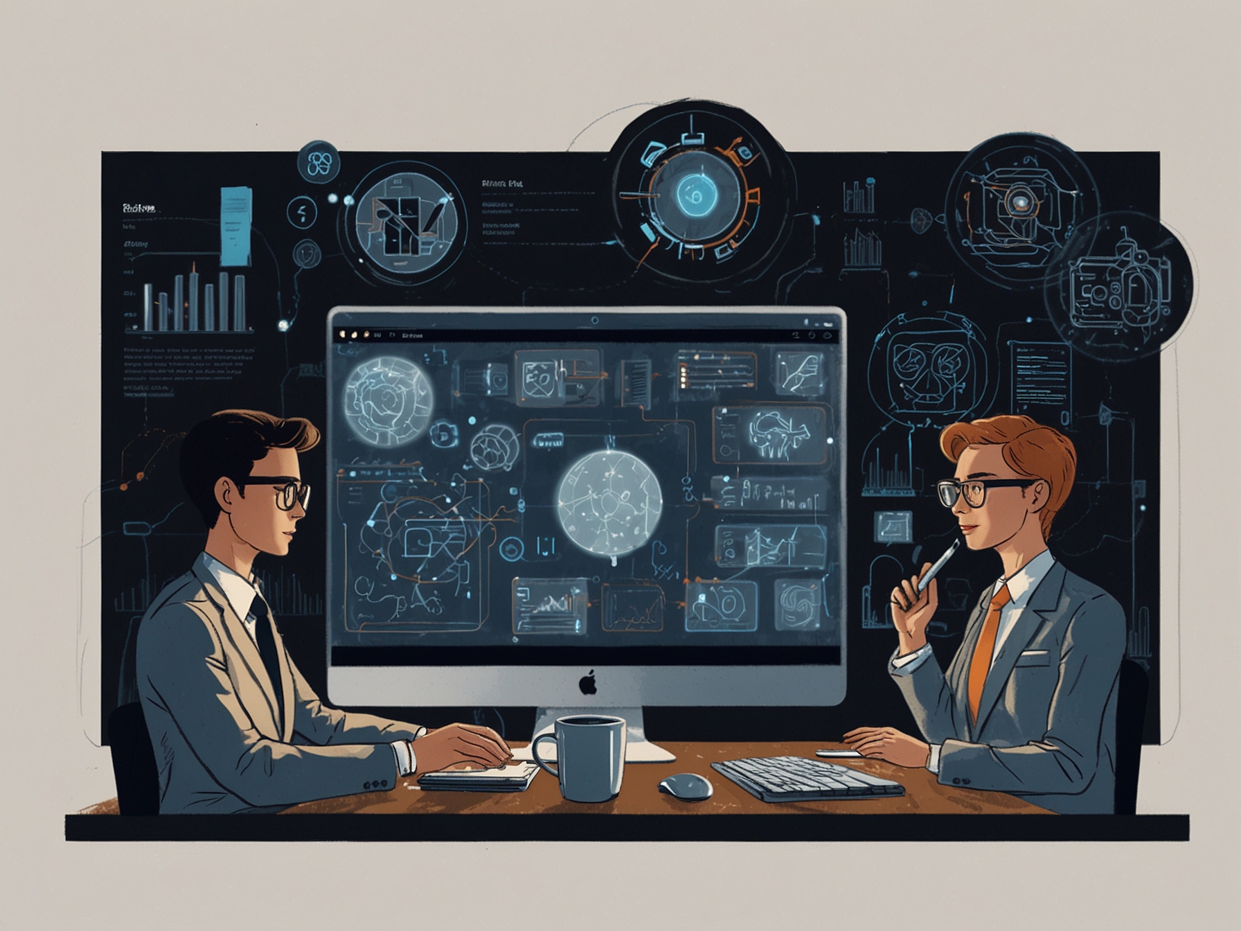A visual of a business professional using various AI tools on different screens to draft content, create illustrations, translate languages, and produce videos, representing enhanced productivity.