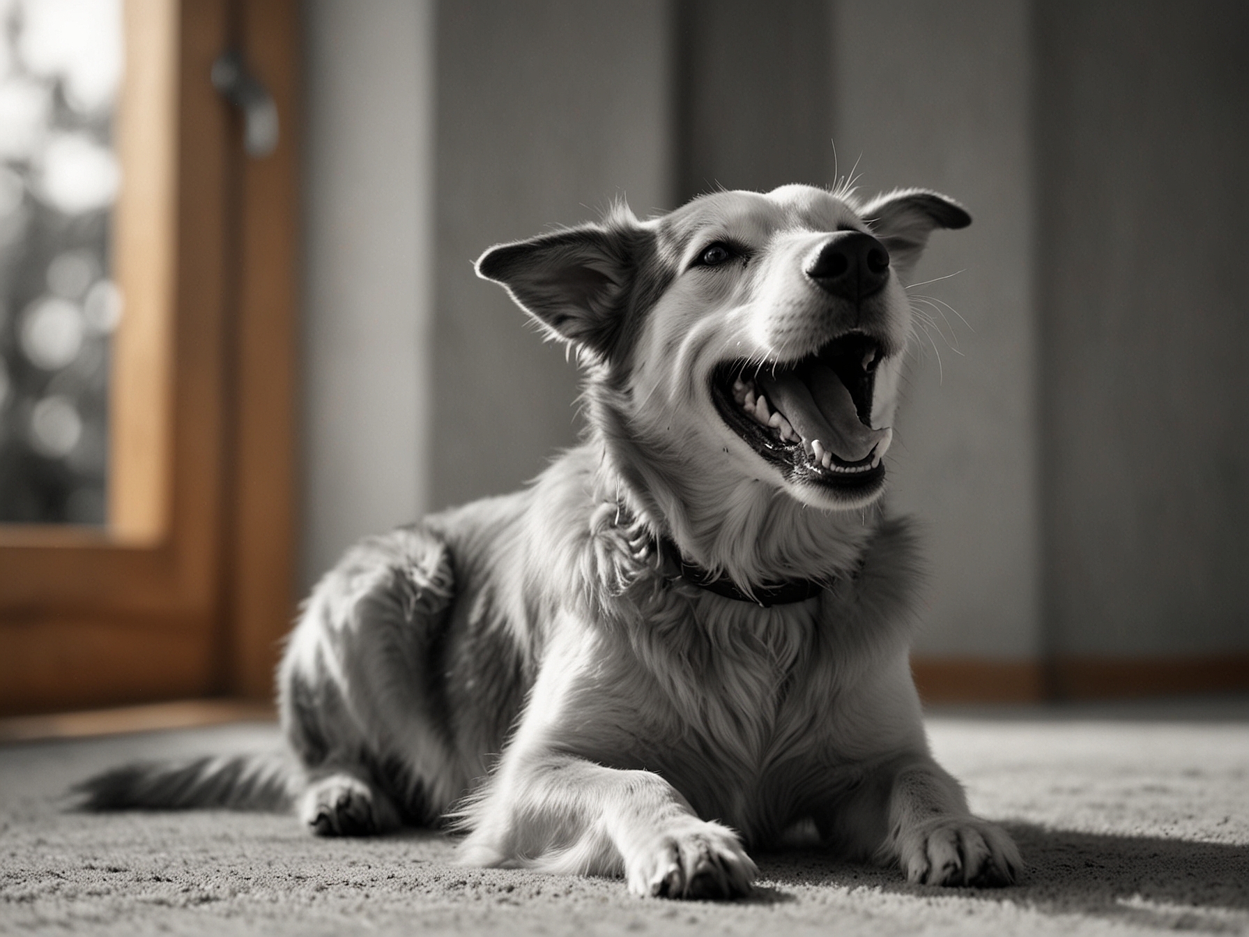 A happy dog with its ears perked up and tail wagging vigorously as it hears the word 'treats' from its owner, showcasing the joy and instant excitement the word brings.