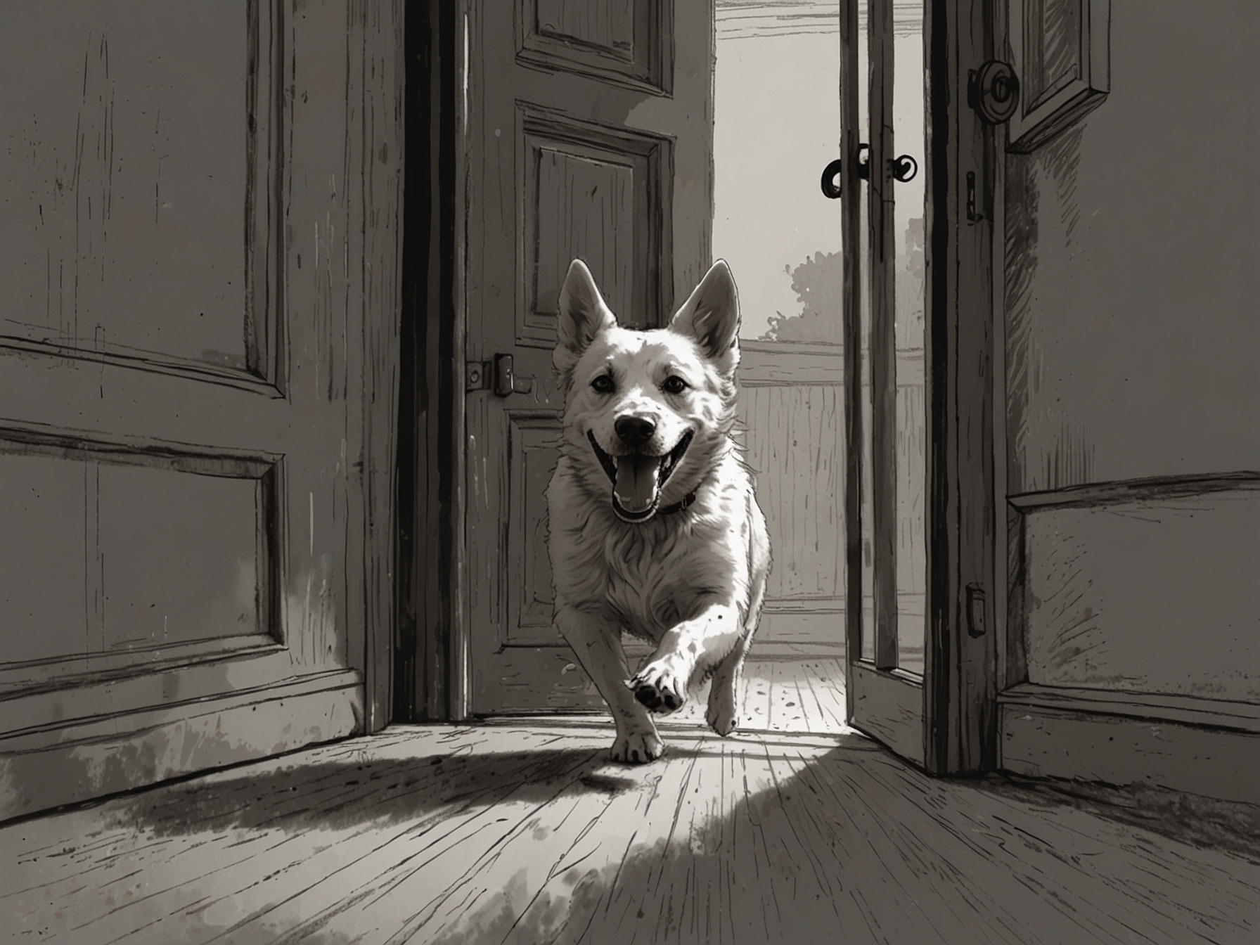 A playful dog running toward the door, ready for an outdoor adventure, after hearing the word 'walk,' illustrating the thrill and anticipation associated with this familiar word.