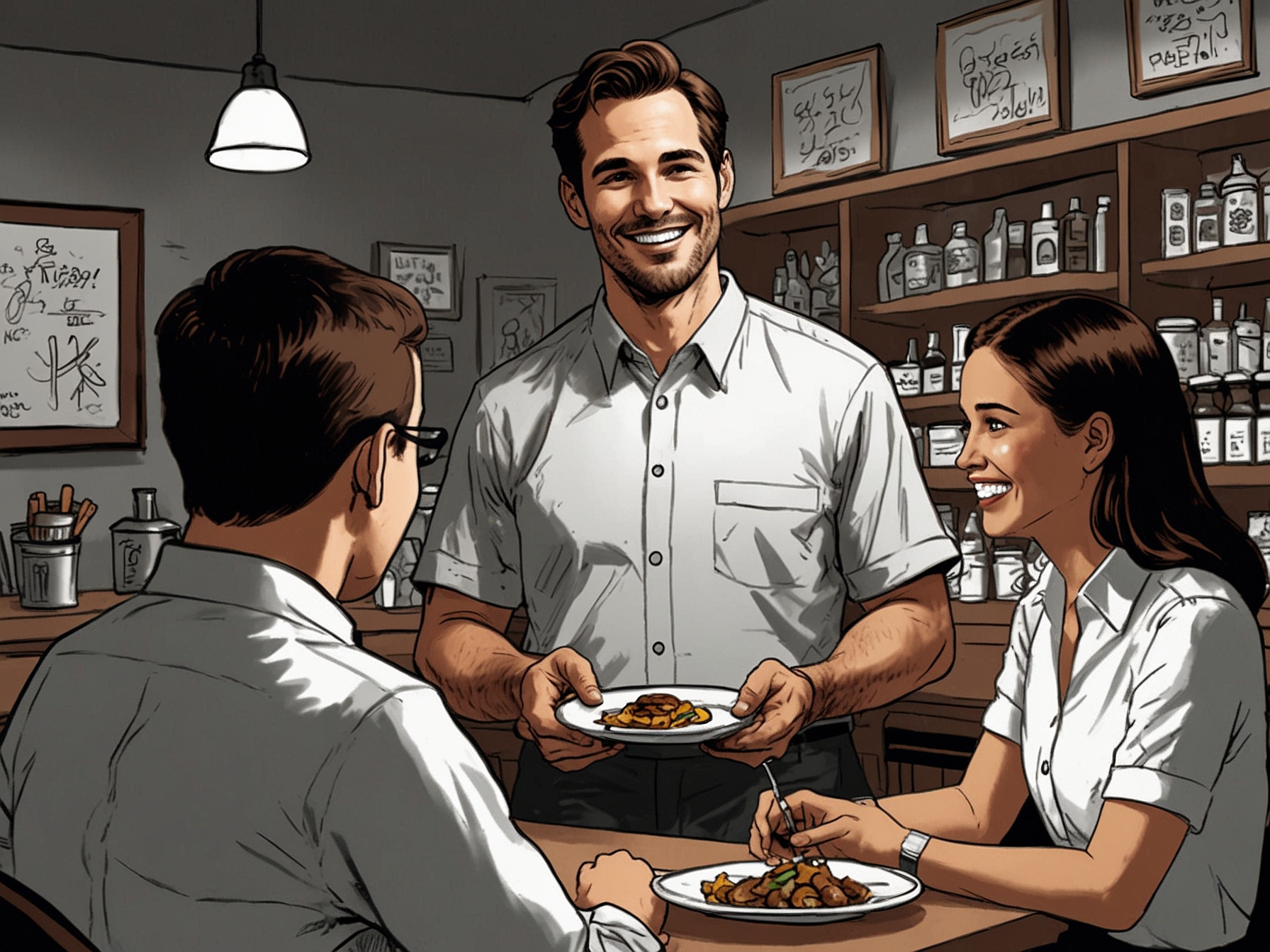 A restaurant server happily receives tips from customers. Making tips tax-free could significantly increase their take-home pay and improve financial security for service workers.