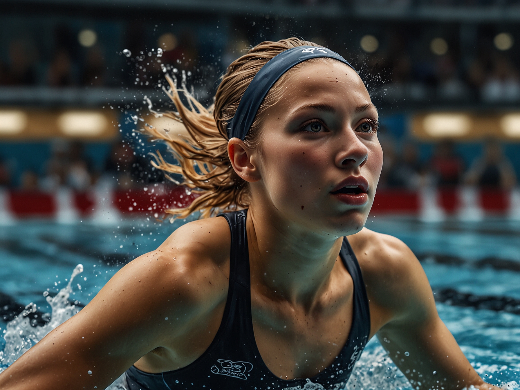 Bella Cothern in action during a swim meet, showcasing her freestyle technique. The intensity and focus on her face illustrate her commitment and preparation for the U.S. Olympic Trials.