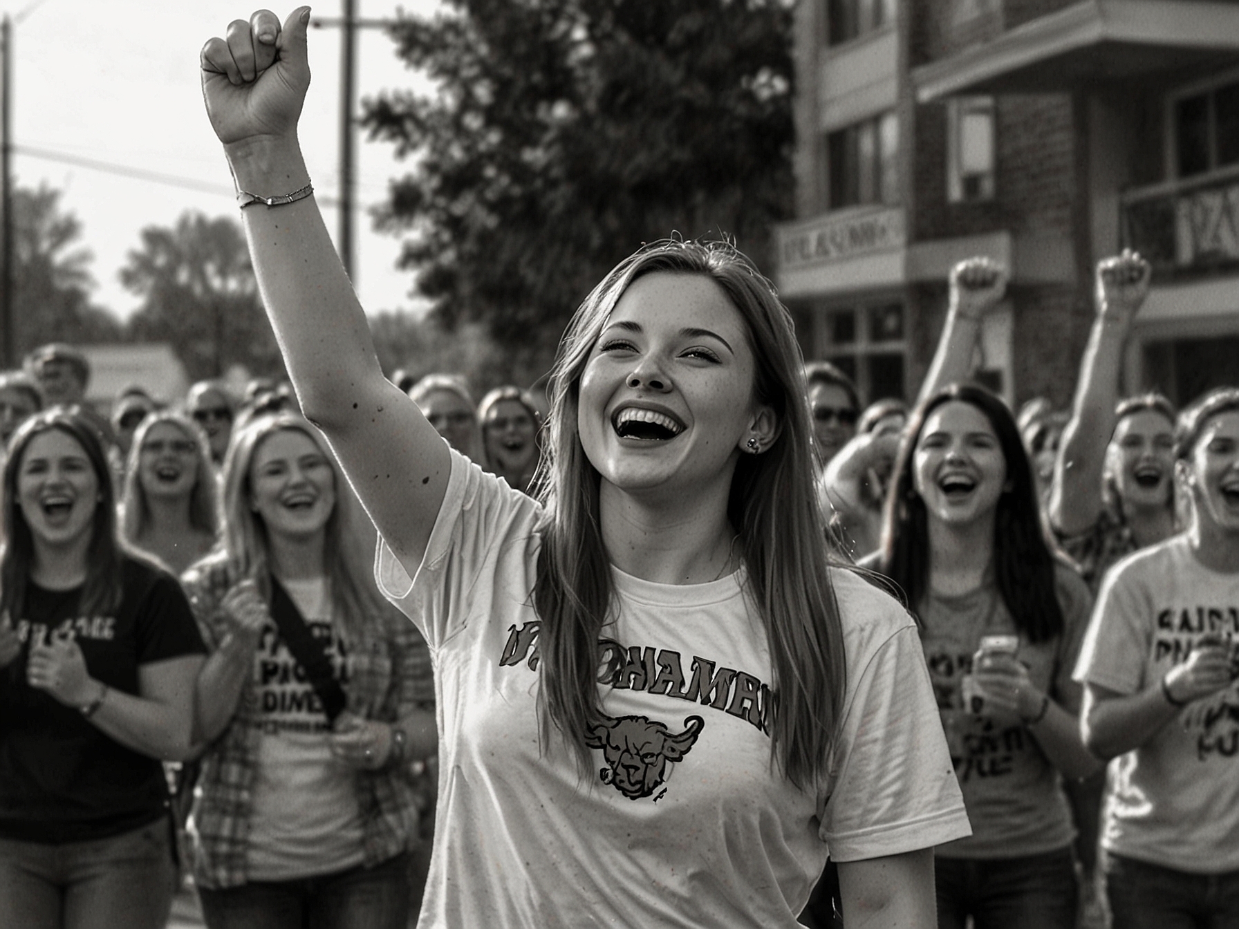 Bella Cothern being cheered by her community in Jonesboro. The image captures the support and excitement from her hometown, signifying the strong backing she has from friends, family, and local supporters.