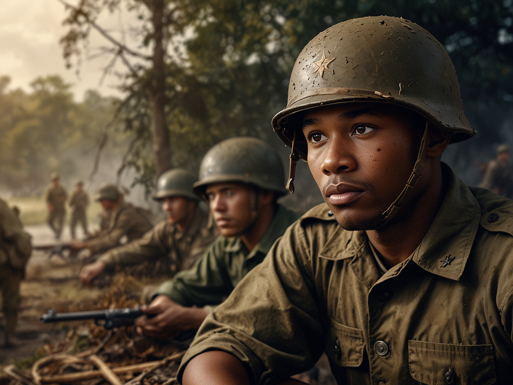 A scene from 'Erased: WW2’s Heroes of Color', featuring authentic World War II archival footage and diverse soldiers, emphasizing the documentary's focus on the bravery and contributions of unsung heroes during the war.