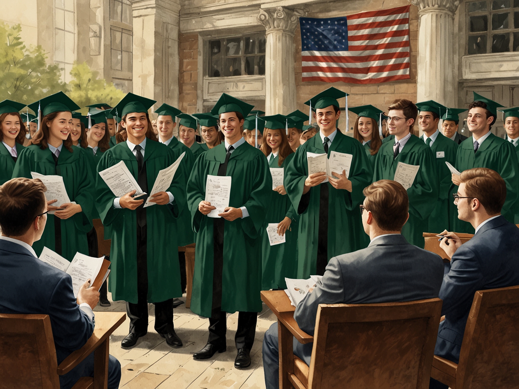 An illustration of international graduates from American colleges receiving green cards, symbolizing Trump's proposal for retaining skilled foreign talent in the U.S.