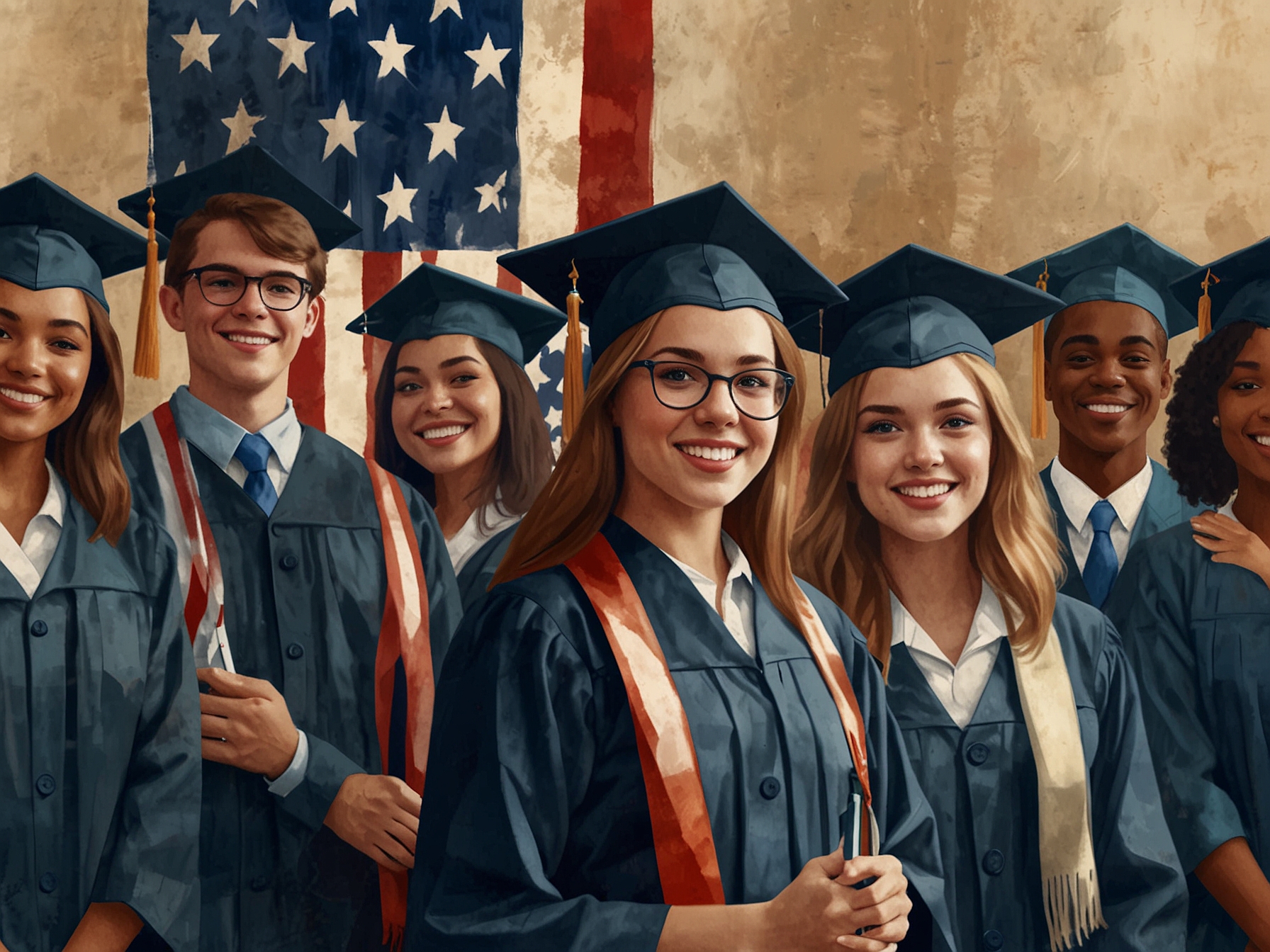 A diverse group of students in graduation attire with American flags, representing the potential influx of international talent benefiting the U.S. workforce and economy.