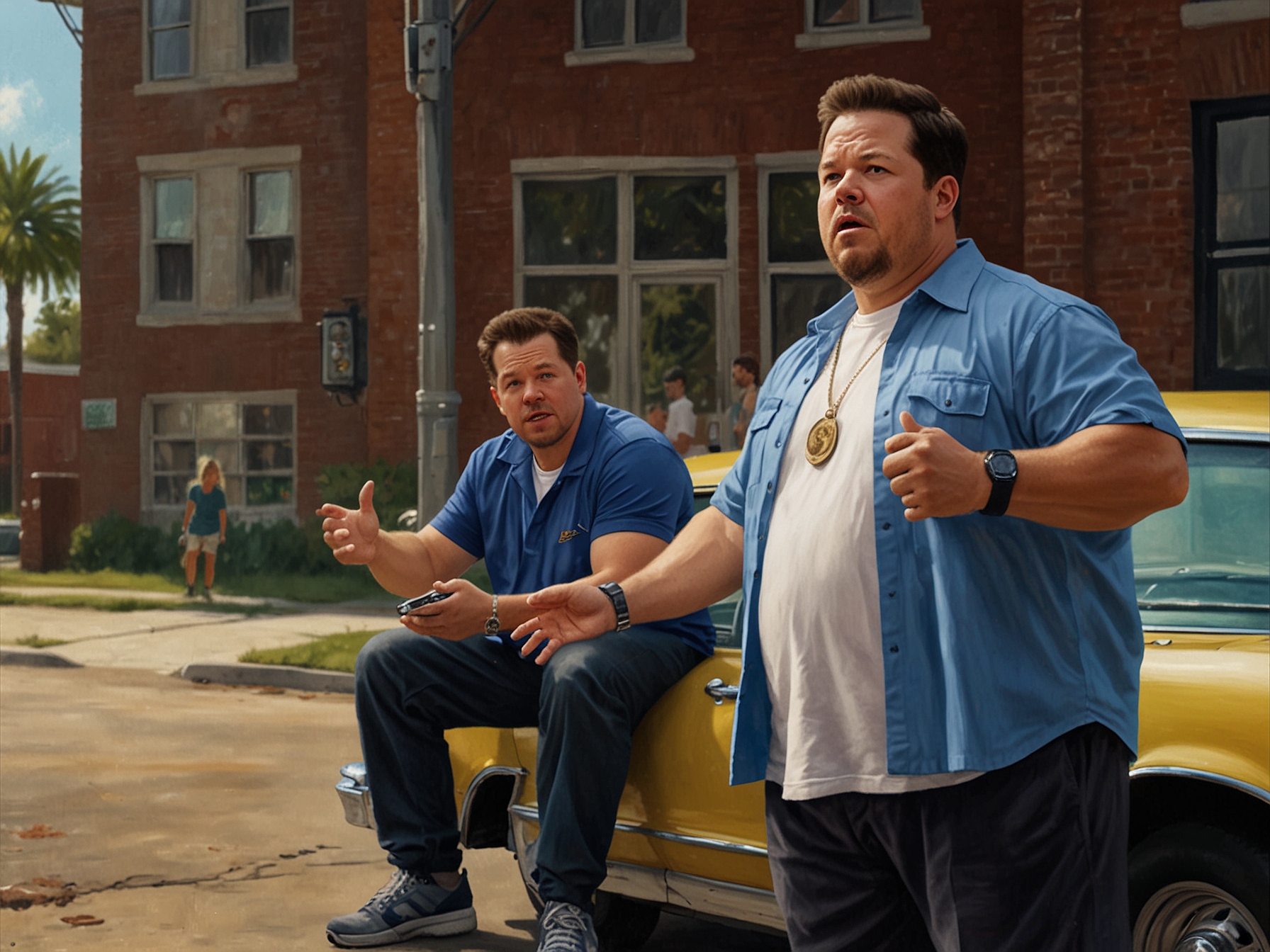 Mark Wahlberg and Paul Walter Hauser in character on set, showcasing the dynamic duo involved in a humorous and action-packed scene from 'Balls Up'. The backdrop hints at unexpected adventures and challenges.