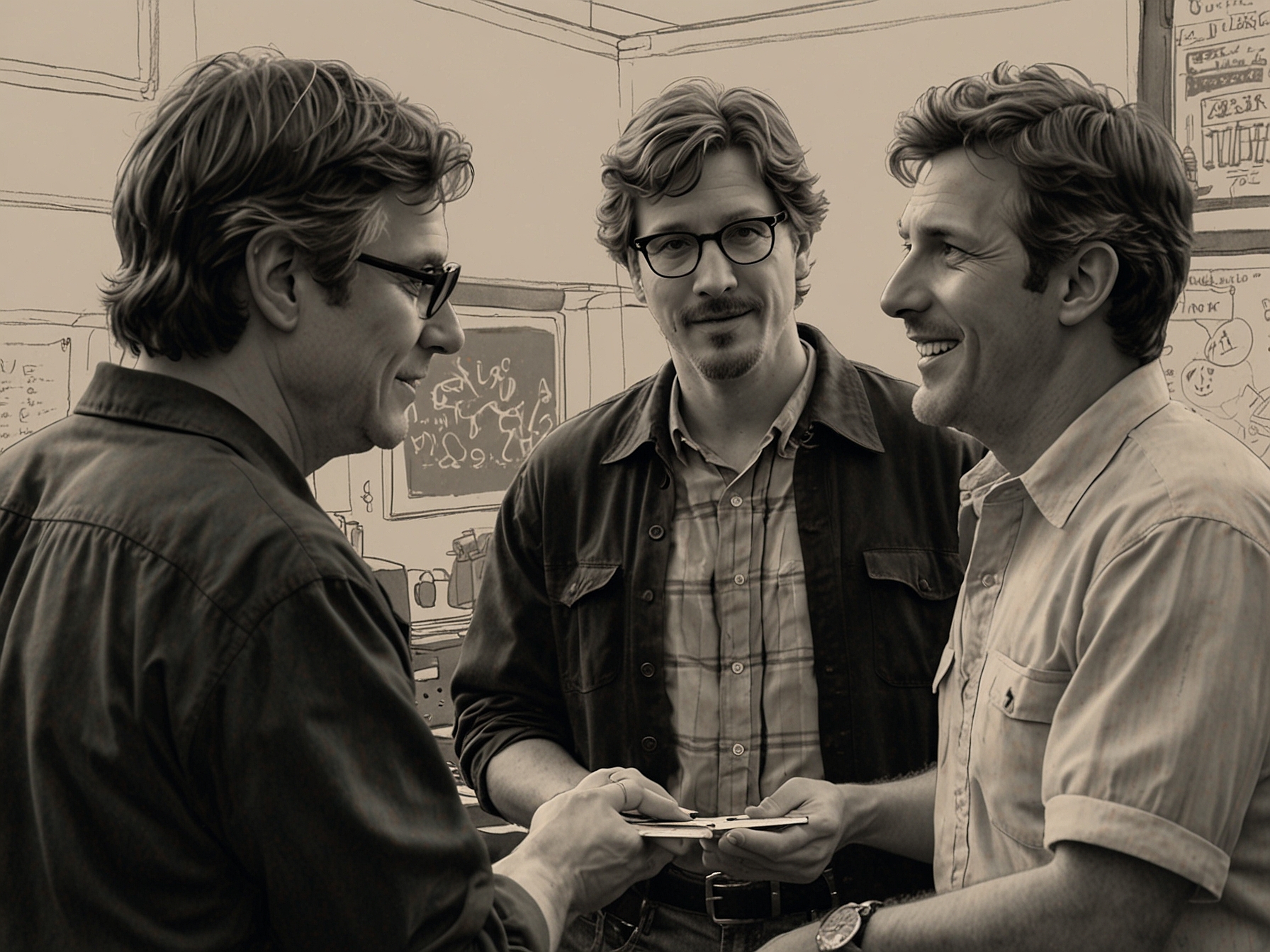 Director Peter Farrelly collaborates with screenwriters Paul Wernick and Rhett Reese on set, discussing a key scene. The image reflects the teamwork and creative process behind bringing 'Balls Up' to life.