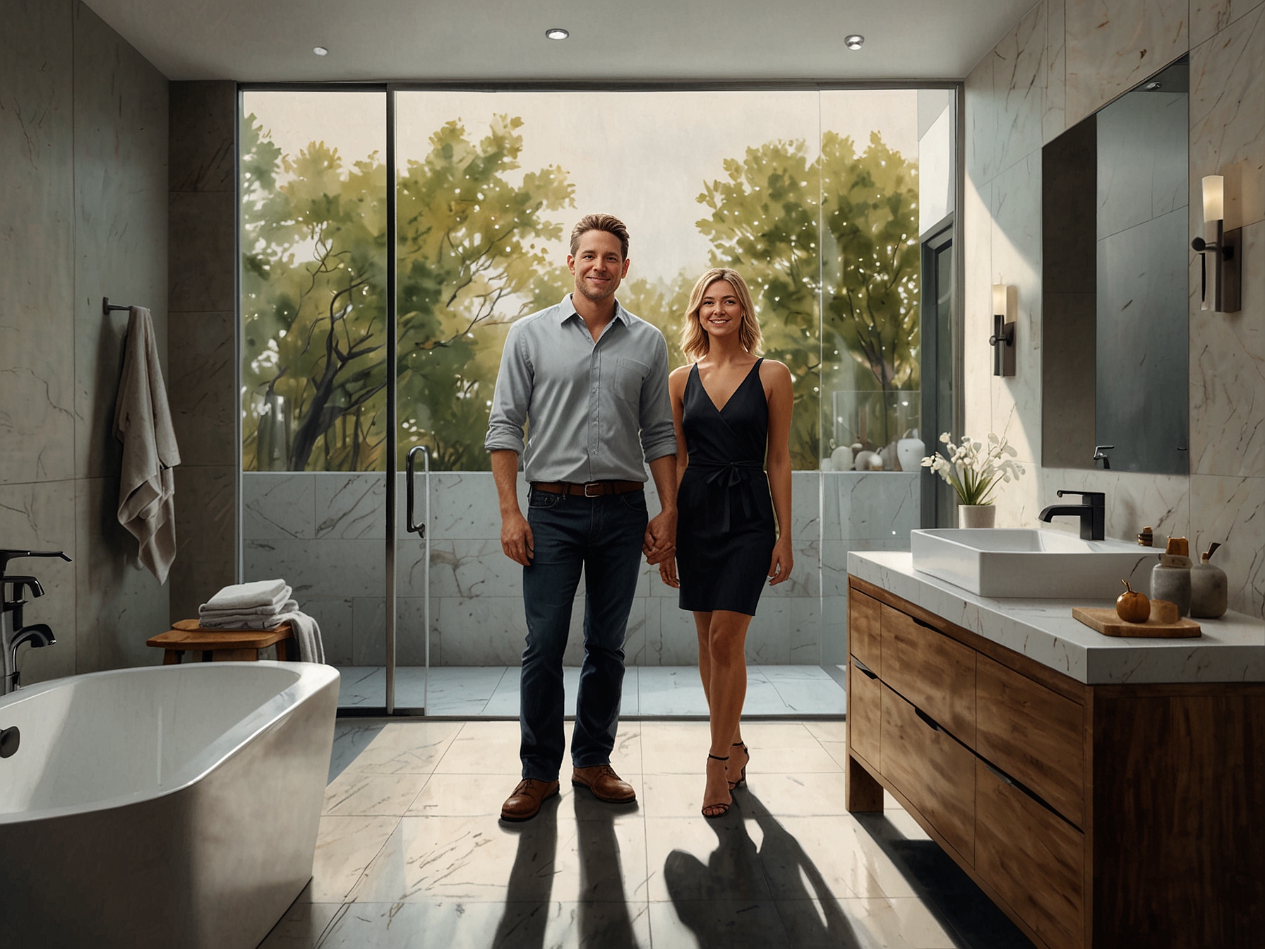 Jenna and Mark standing in their newly remodeled bathroom, showcasing the sleek walk-in shower, modern bathtub, and updated fixtures with a double vanity.