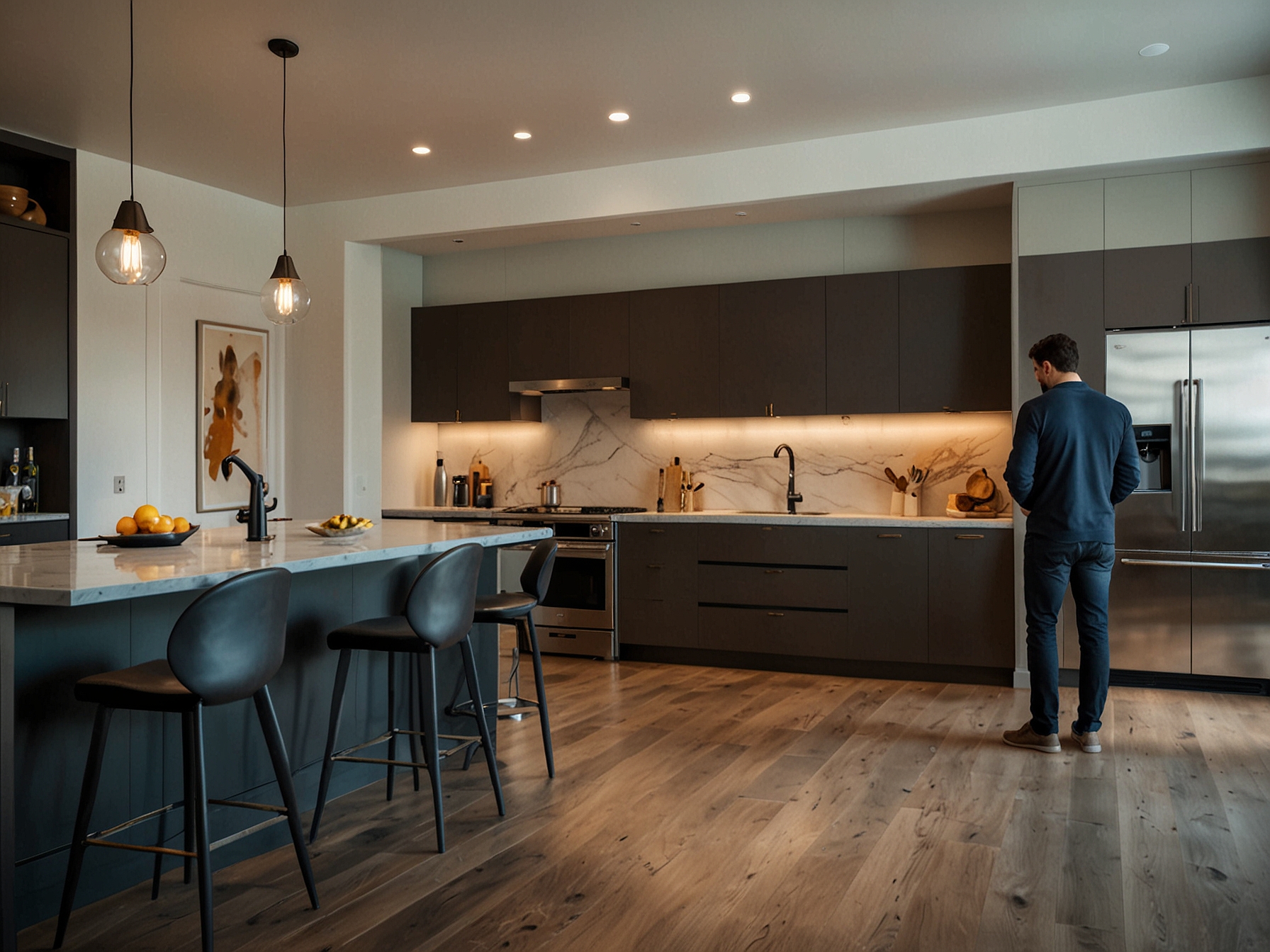 The couple enjoying their new open-concept kitchen, featuring custom cabinetry, a spacious island for socializing, top-of-the-line appliances, and a stylish backsplash.