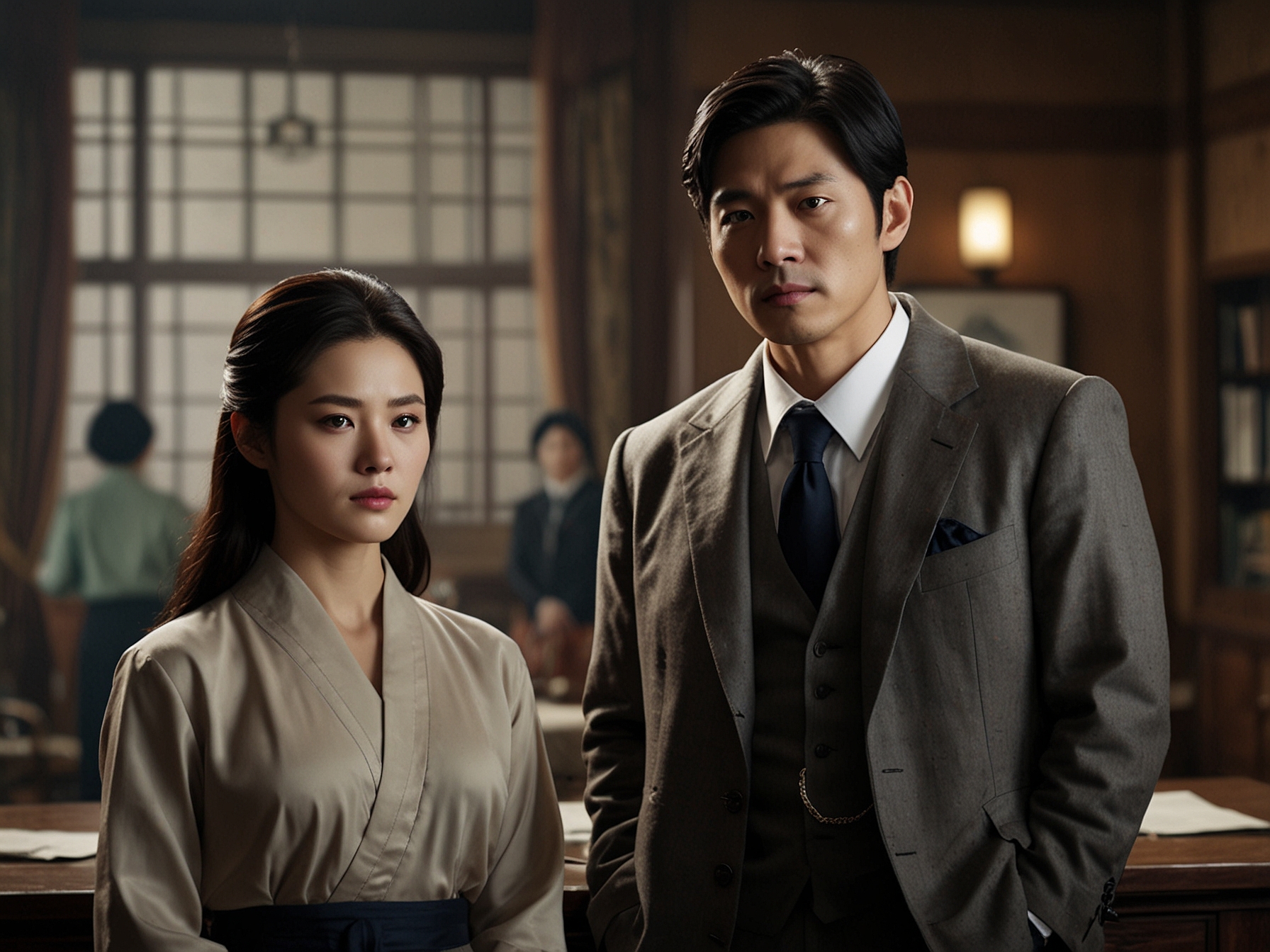The first still shows Kim Ha Neul as Oh Wan Soo, standing in an opulent room, locking eyes with Seo Yi Sook's character. Their steely gazes reveal a mixture of defiance, determination, and underlying tension.