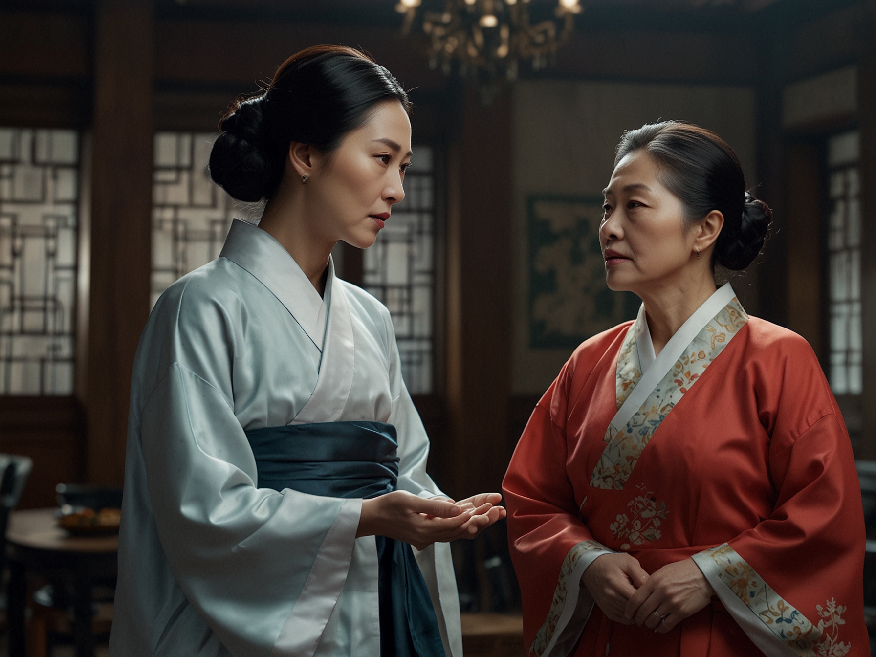 In the second still, the high-stakes power struggle is palpable as Oh Wan Soo confronts the matriarch played by Seo Yi Sook. The luxurious background contrasts with the intense, icy expressions of the two women.