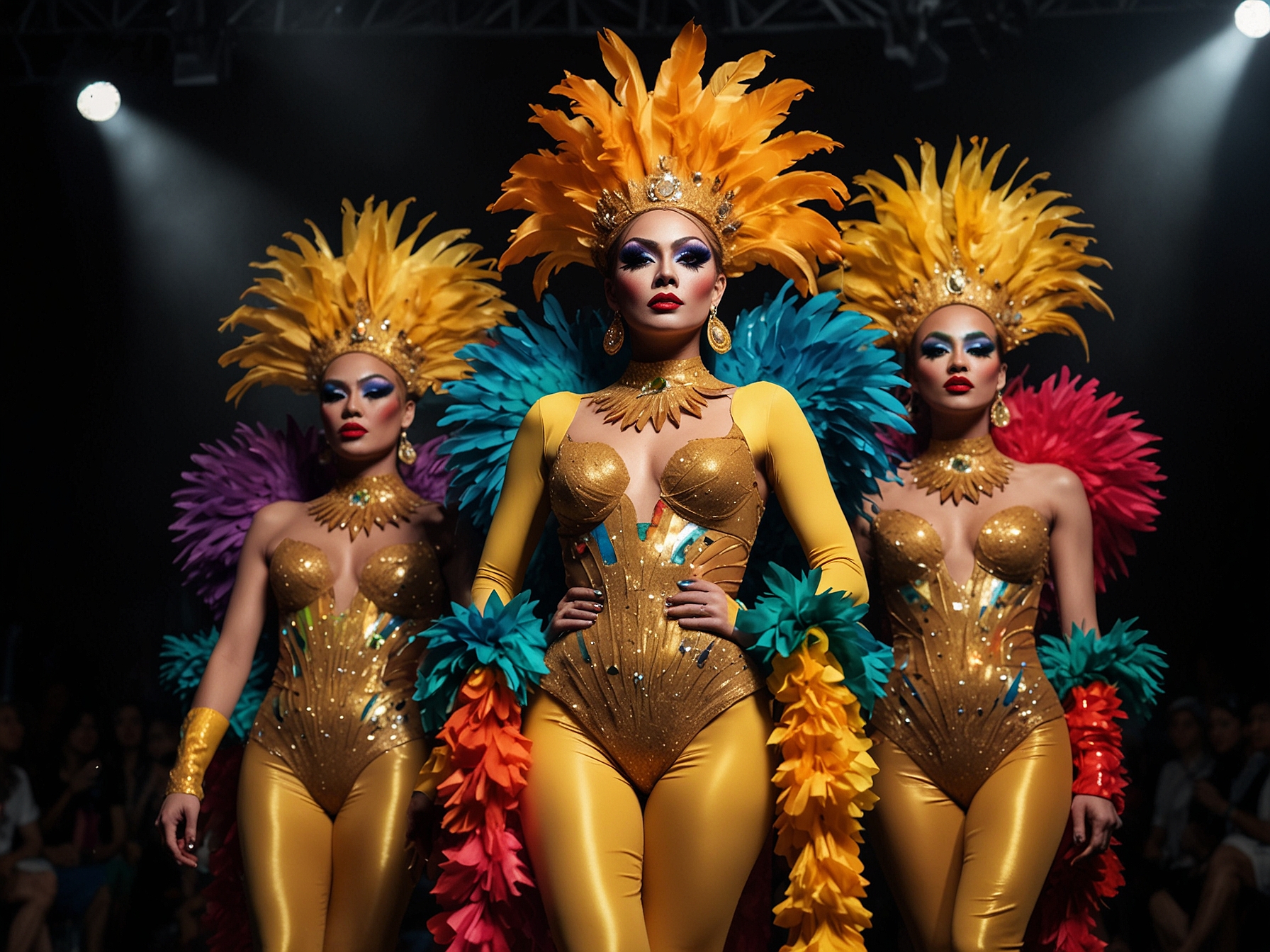 The 'Golden Gays' perform a vibrant drag show in Manila, donning dazzling costumes and makeup, captivating the audience with their energetic and emotional performances.