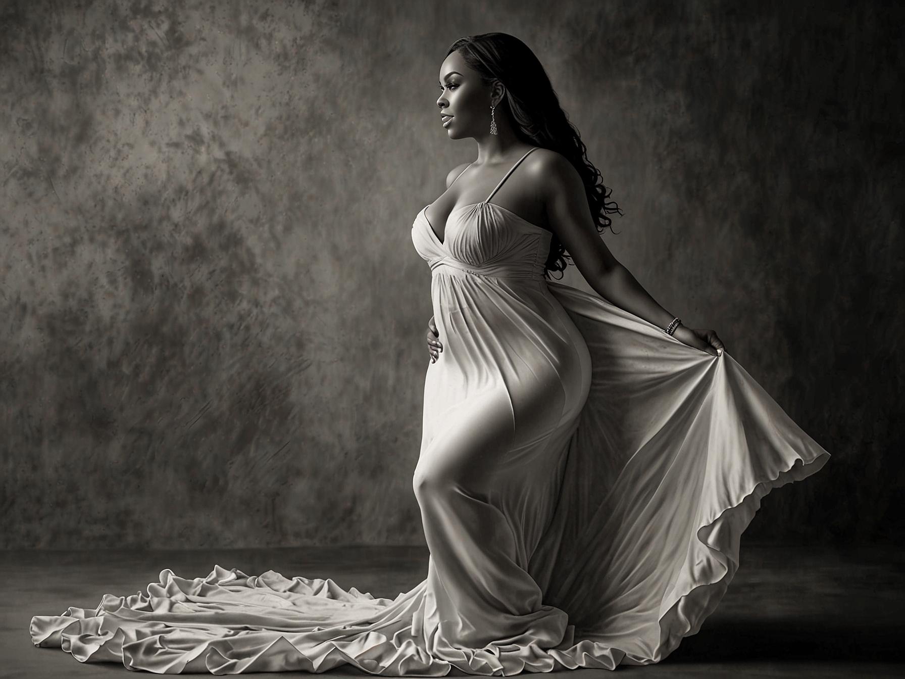 Ashanti stands gracefully in a flowing dress, her hand gently resting on her belly. The photo captures her joy and anticipation, symbolizing the beauty and excitement of becoming a mother.