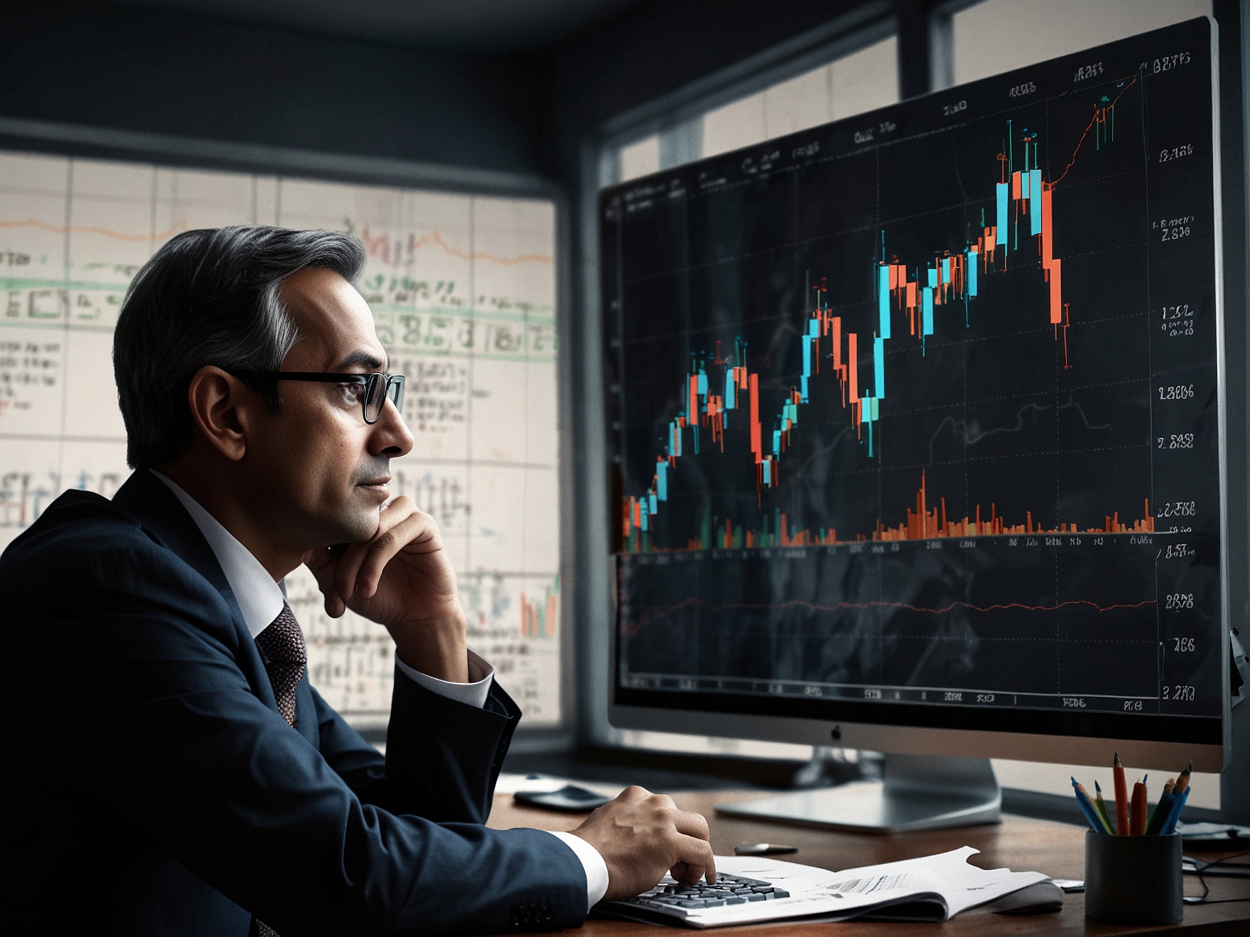 An investor analyzing a stock market chart showing the performance of Nifty 50 and Sensex indices, reflecting the predicted cautious start due to global and domestic influences.
