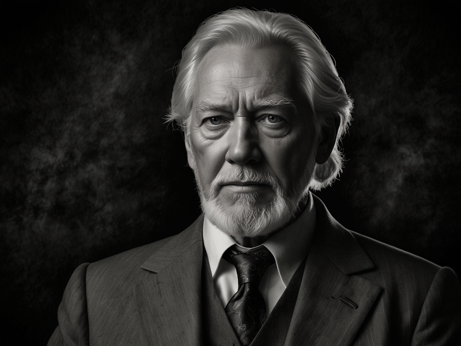 A black and white photo capturing Donald Sutherland as President Snow in 'The Hunger Games' series, a role that introduced him to a new generation of fans and demonstrated his range as an actor.