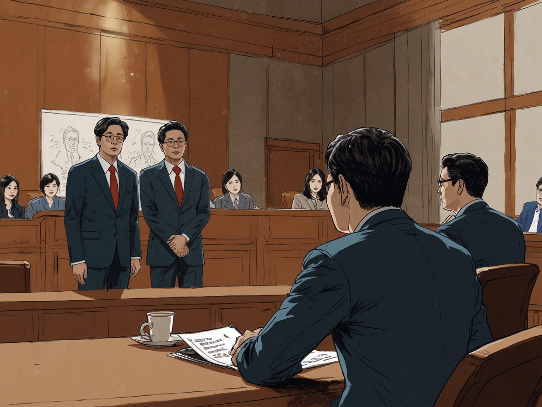 A courtroom scene with legal teams from Attrakt and the former members of Fifty Fifty, Saena, Sio, and Aran, along with The Givers CEO Ahn Sung-il, during the initial hearing.