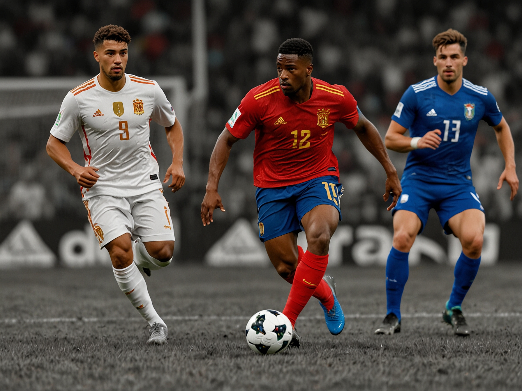 Nico Williams showcasing his dribbling skills while maneuvering past two Italian defenders during the crucial Euro 2024 match between Spain and Italy.