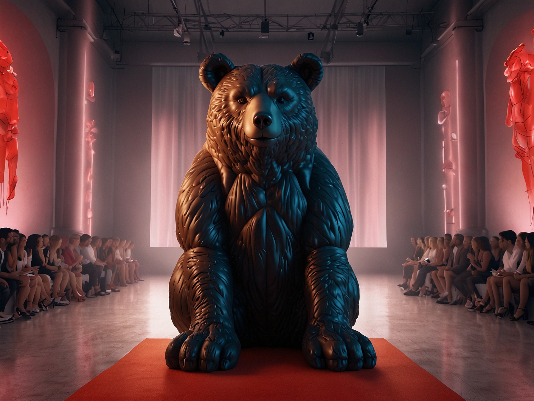 An inflatable bear centerpiece standing amid vibrant fluorescent lighting and red carpet sets the whimsical tone for Dhruv Kapoor's SS25 collection at Milan Fashion Week.