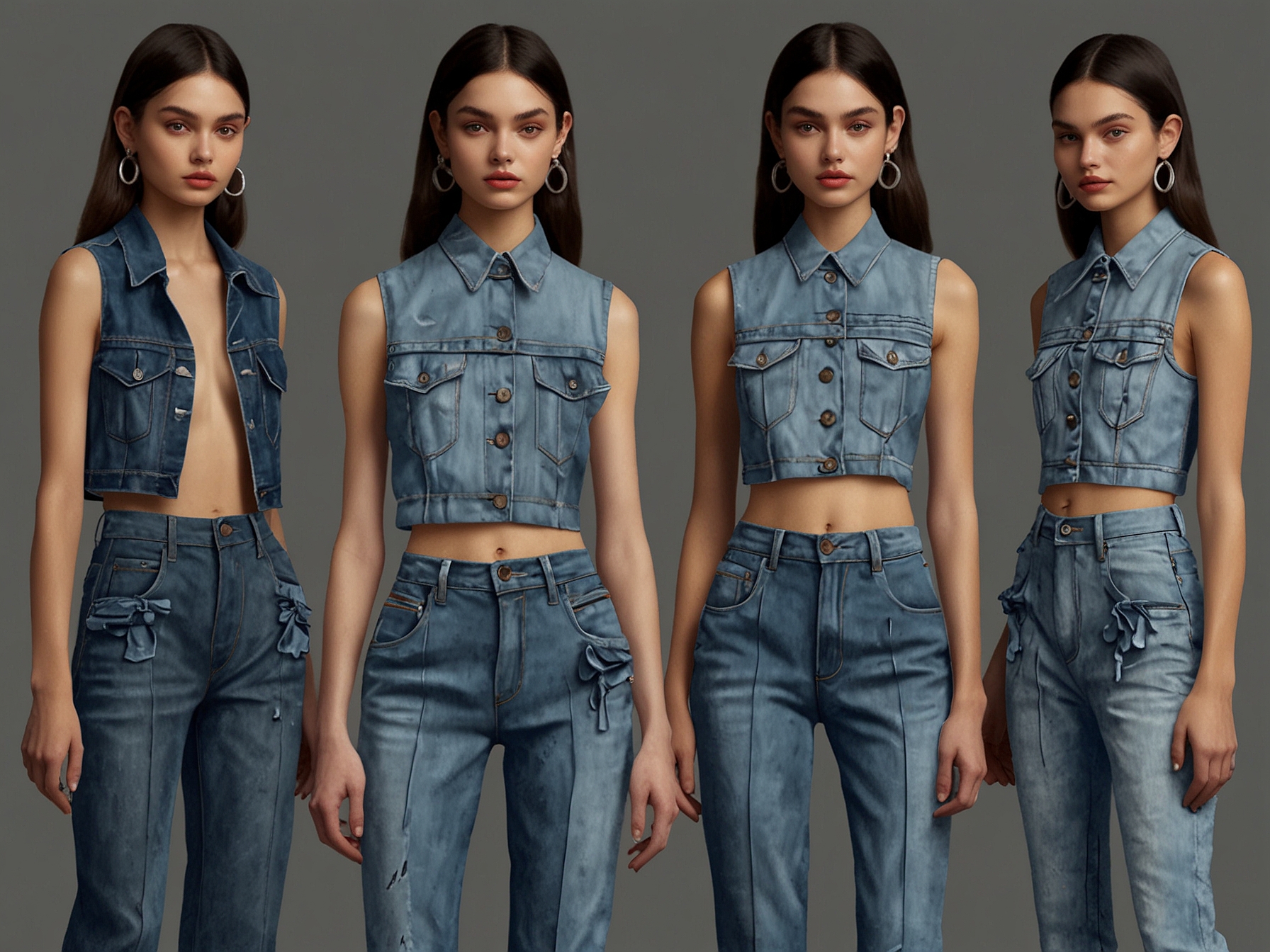 Models showcasing Dhruv Kapoor's SS25 designs, including two-piece sets, washed denim with mascots, and crinkled leather vests, reflecting a blend of playful innocence and mature sophistication.