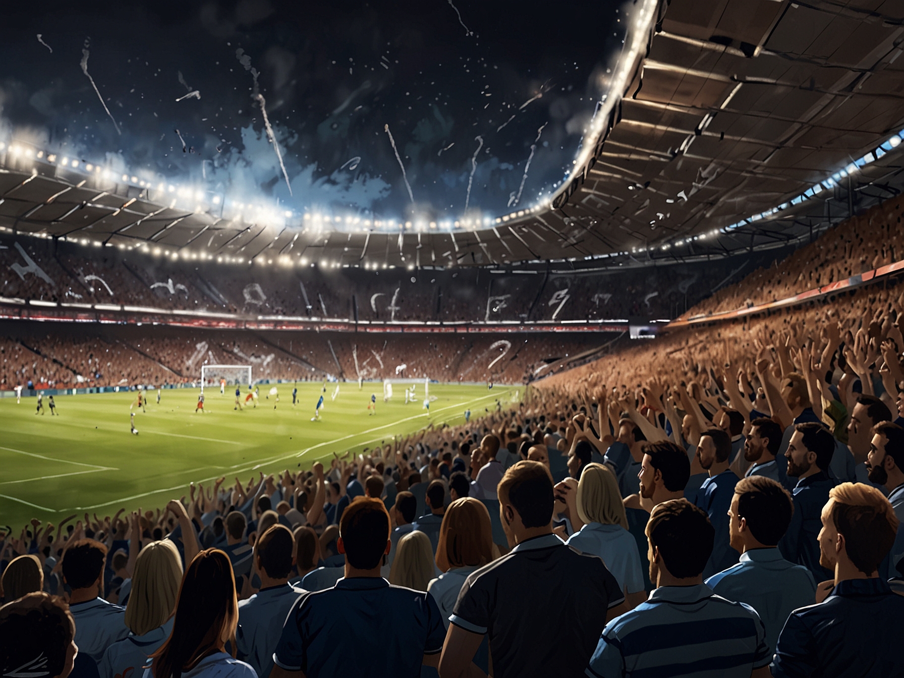 A packed stadium filled with passionate Scottish fans, their spirited chants and cheers creating an electrifying atmosphere to support the team in their pivotal Euro 2024 showdown.