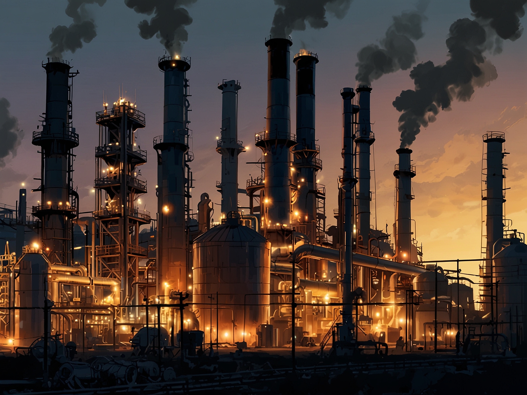 An oil refinery with increased activity, signifying the surge in industrial activities and transportation that have led to a heightened demand for oil.