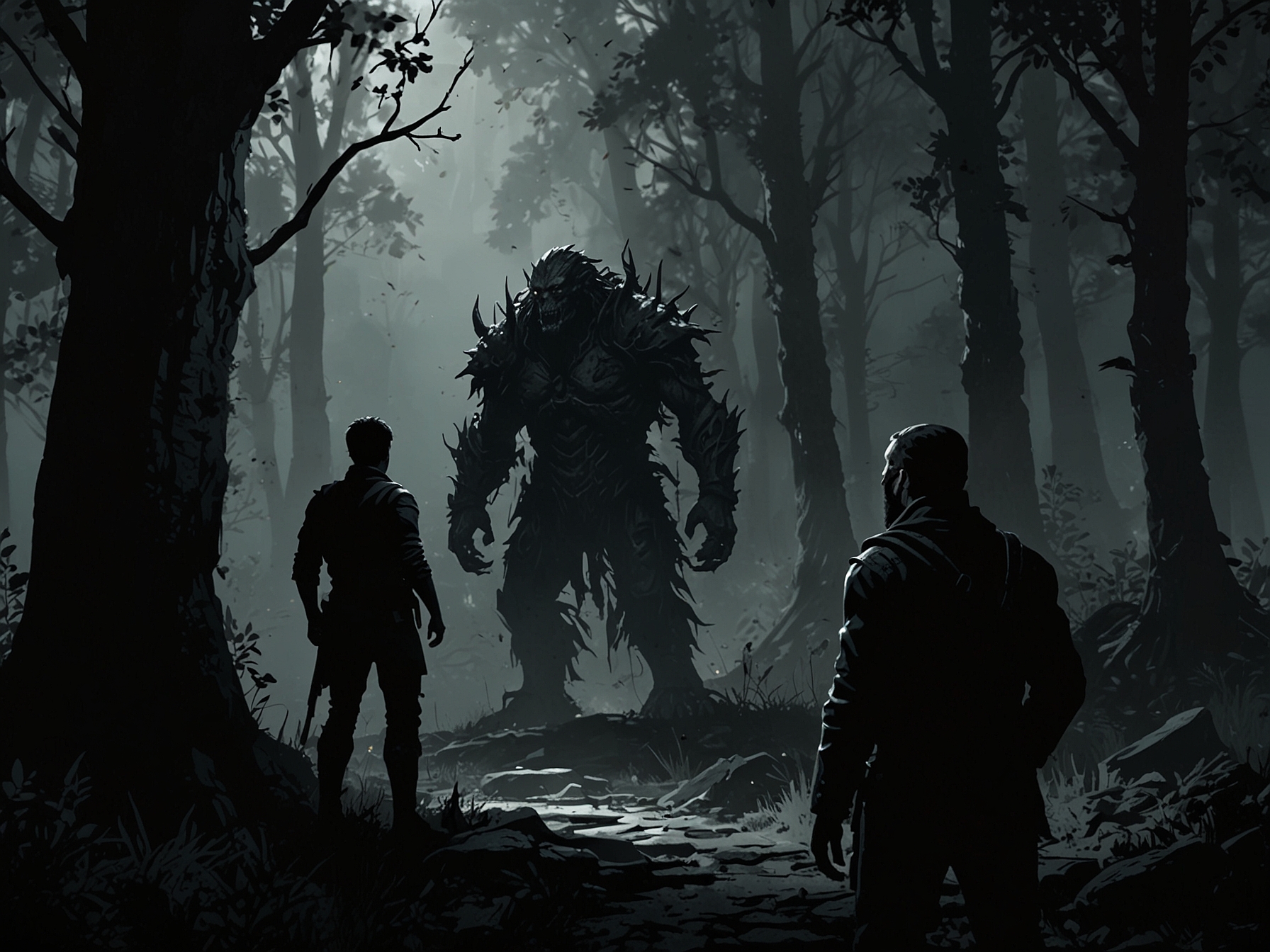 An image showcasing the player character engaging in dialogue with Thiollier near the brink of the Erdtree, surrounded by a hauntingly dark forest and ominous enemies lurking in the shadows.