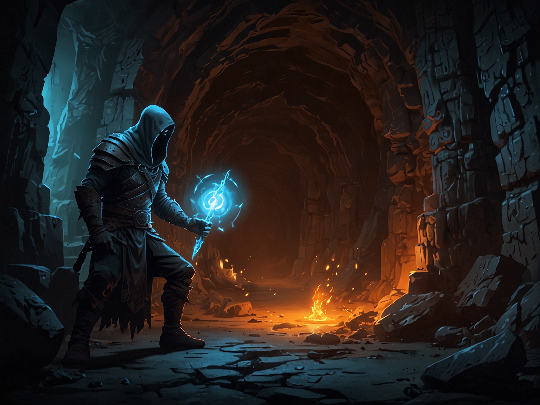 The player character battling the Nightmare Keeper in the dark, treacherous Cavern of Lost Dreams, with the cursed artifact glowing ominously in the background, ready to be retrieved.