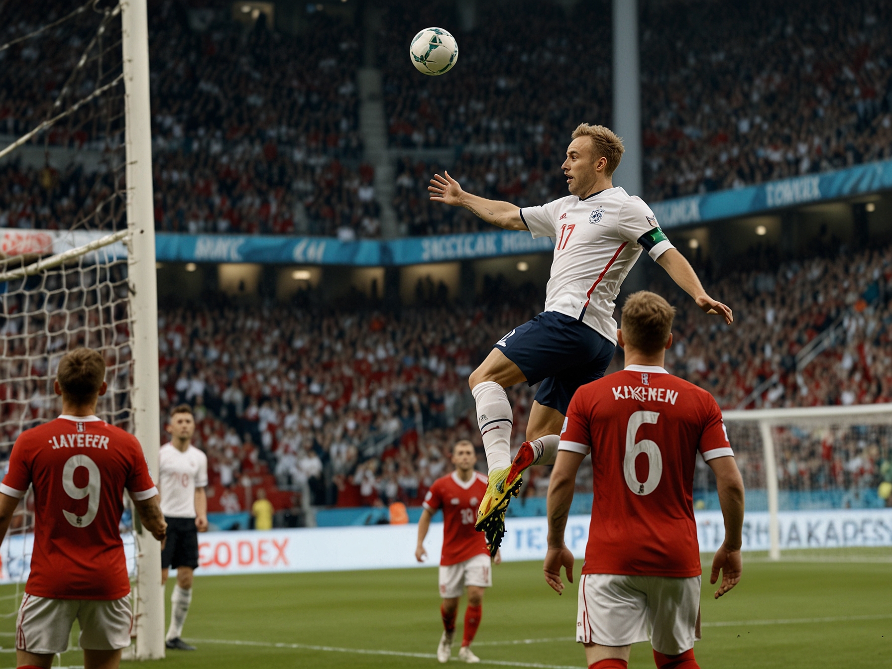 Christian Eriksen delivers a precise corner kick which leads to Simon Kjaer's towering header that gives Denmark the lead just before halftime, igniting the home crowd's celebrations.