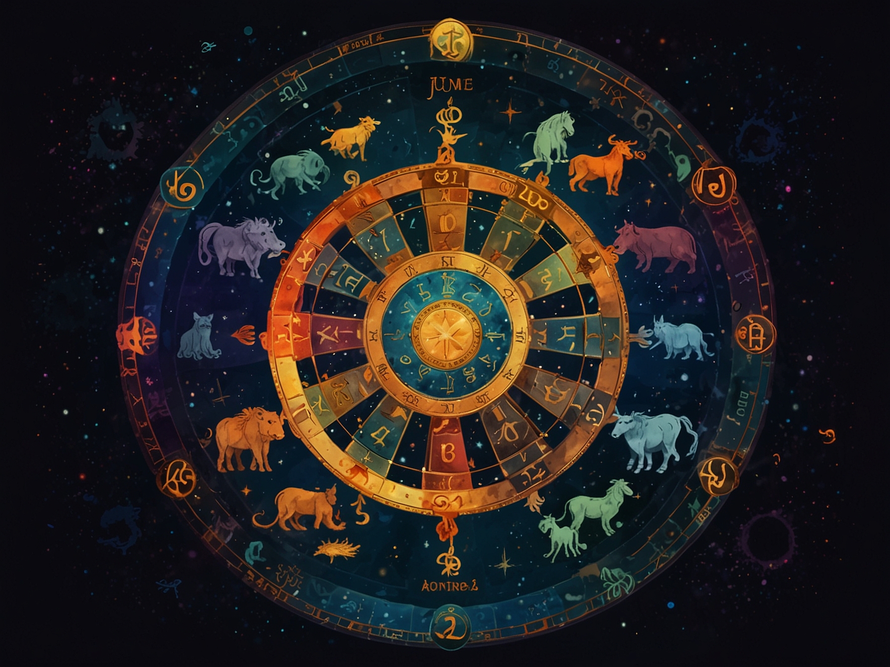 An illustration of the zodiac wheel, highlighting the twelve signs and their unique symbols in vibrant colors. This visual shows each sign's positioning for June 21, 2024, with celestial bodies influencing their paths.