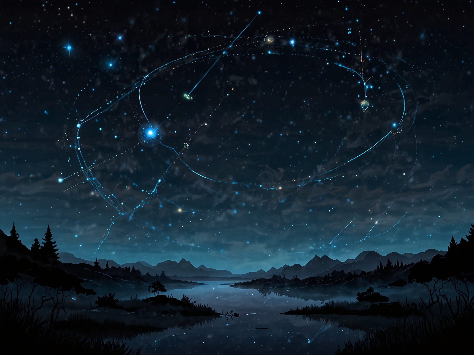 A depiction of the night sky with constellations and planetary alignments for June 21, 2024. Stars and planets are shown in positions that correspond with the horoscope readings, adding a mystical ambiance.