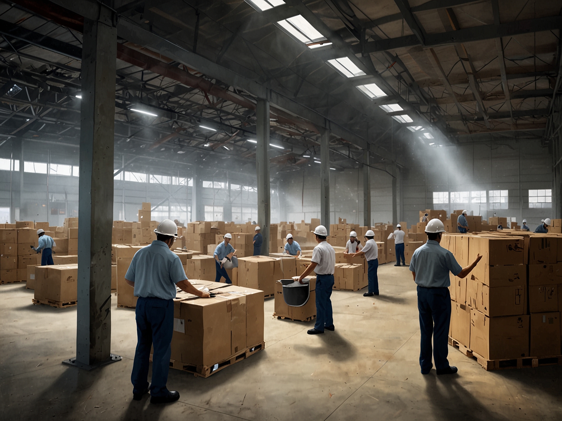 An image depicting workers in a large warehouse equipped with modern ventilation and air conditioning systems complying with California's new indoor heat protection standards.