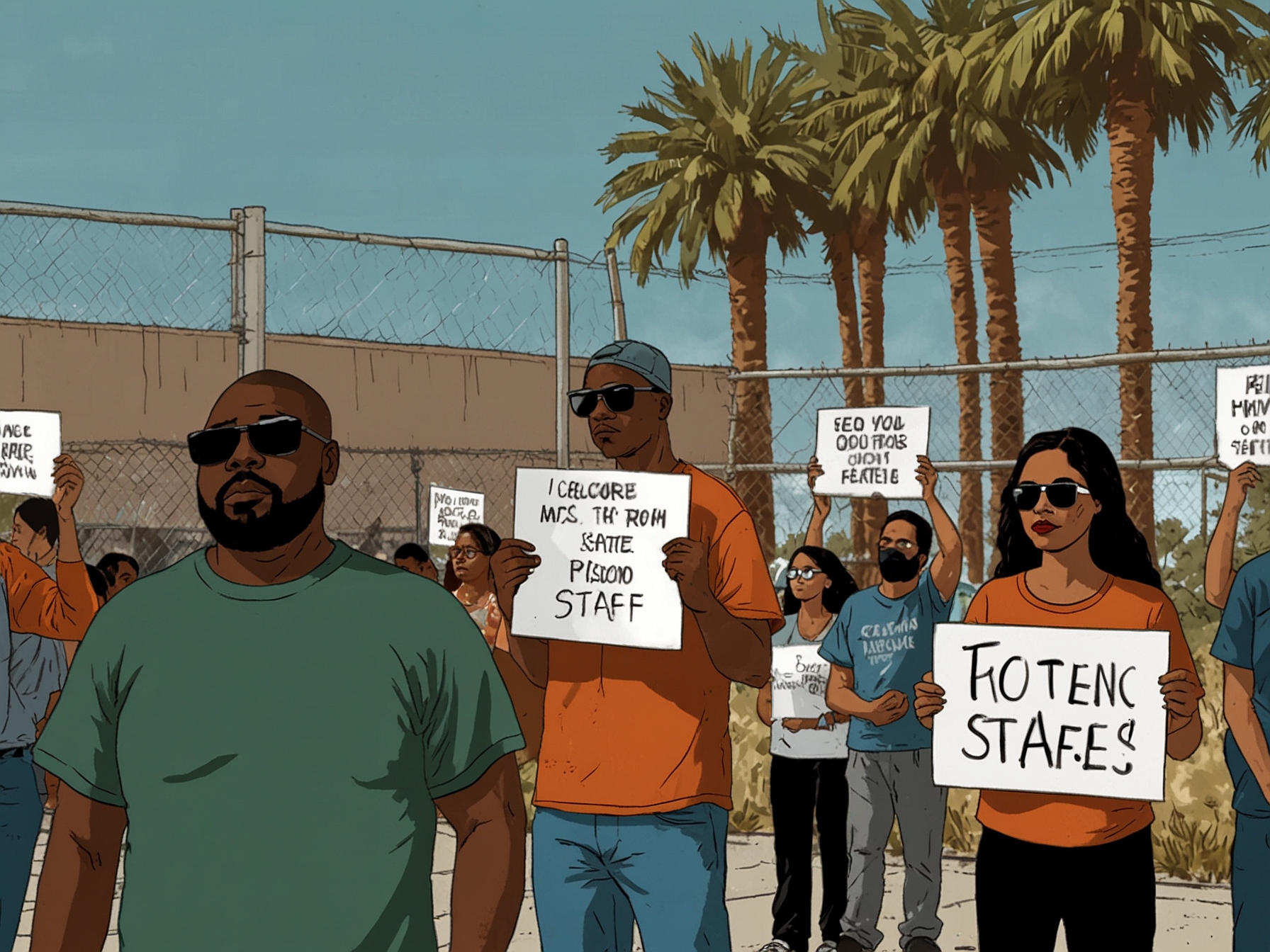 An image showing protestors outside a state correctional facility in California, holding signs demanding heat protection measures for prison staff amidst rising summer temperatures.