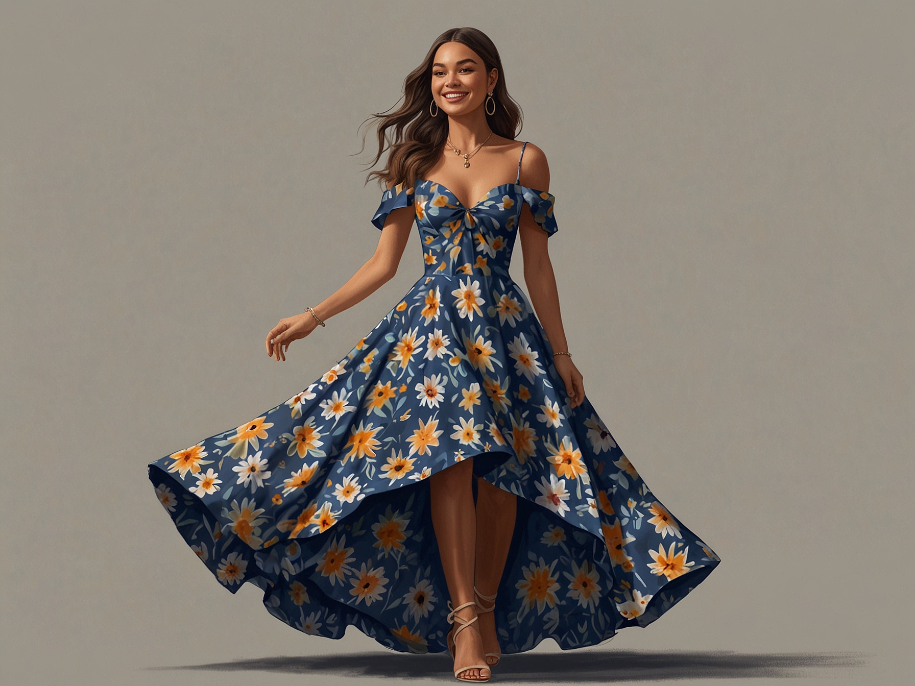 Olivia Rodrigo twirls in a floral Reformation dress, showcasing its A-line design and fitted bodice, perfect for summer outings. She pairs it with heels, highlighting its versatility and chic appeal.