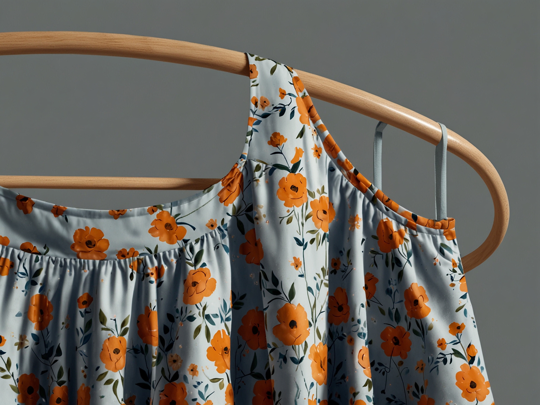 A close-up of the Reformation dress hung on a rack, displaying its delicate floral print, adjustable straps, and full skirt. The lightweight fabric makes it ideal for hot summer days and casual events.