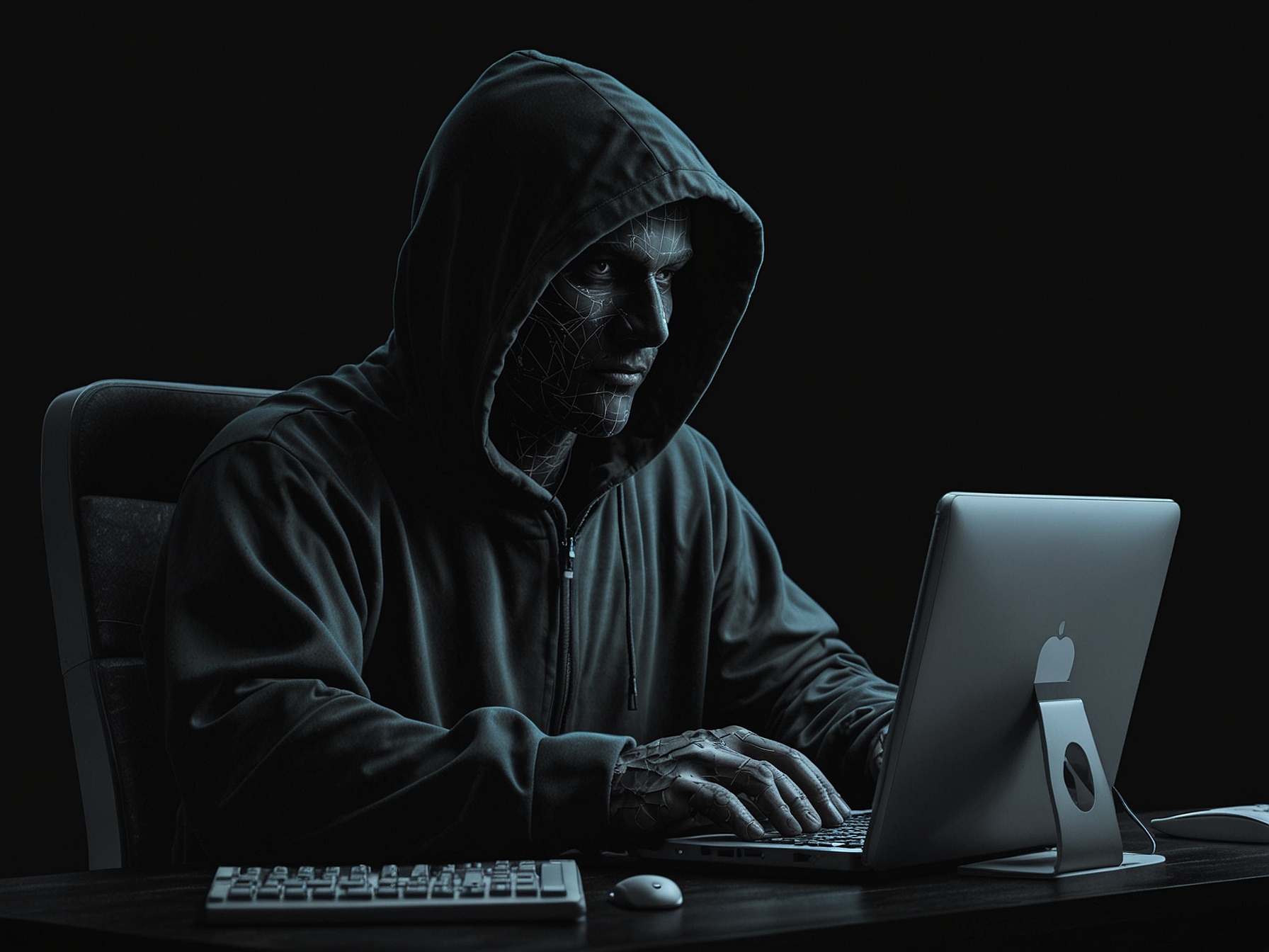A graphical representation of a hacker in a dark hooded outfit on a computer screen, symbolizing the alleged breach attempt by IntelBroker and the ensuing scrutiny in the cybersecurity community.