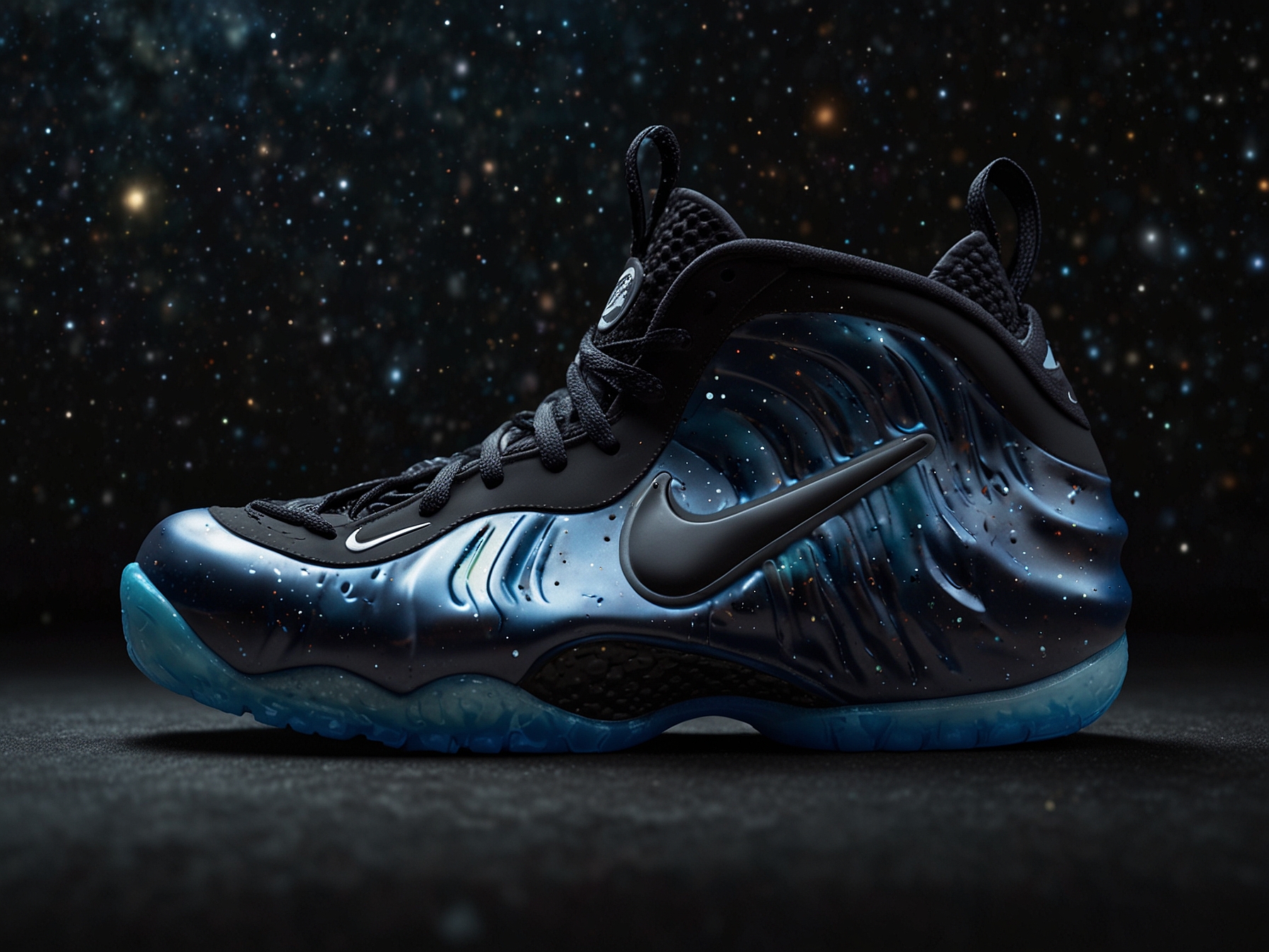 An official look at the returning Nike Air Foamposite One 'Galaxy,' featuring space-themed graphics and a glow-in-the-dark outsole, showcased during the SNKRS Showcase livestream.