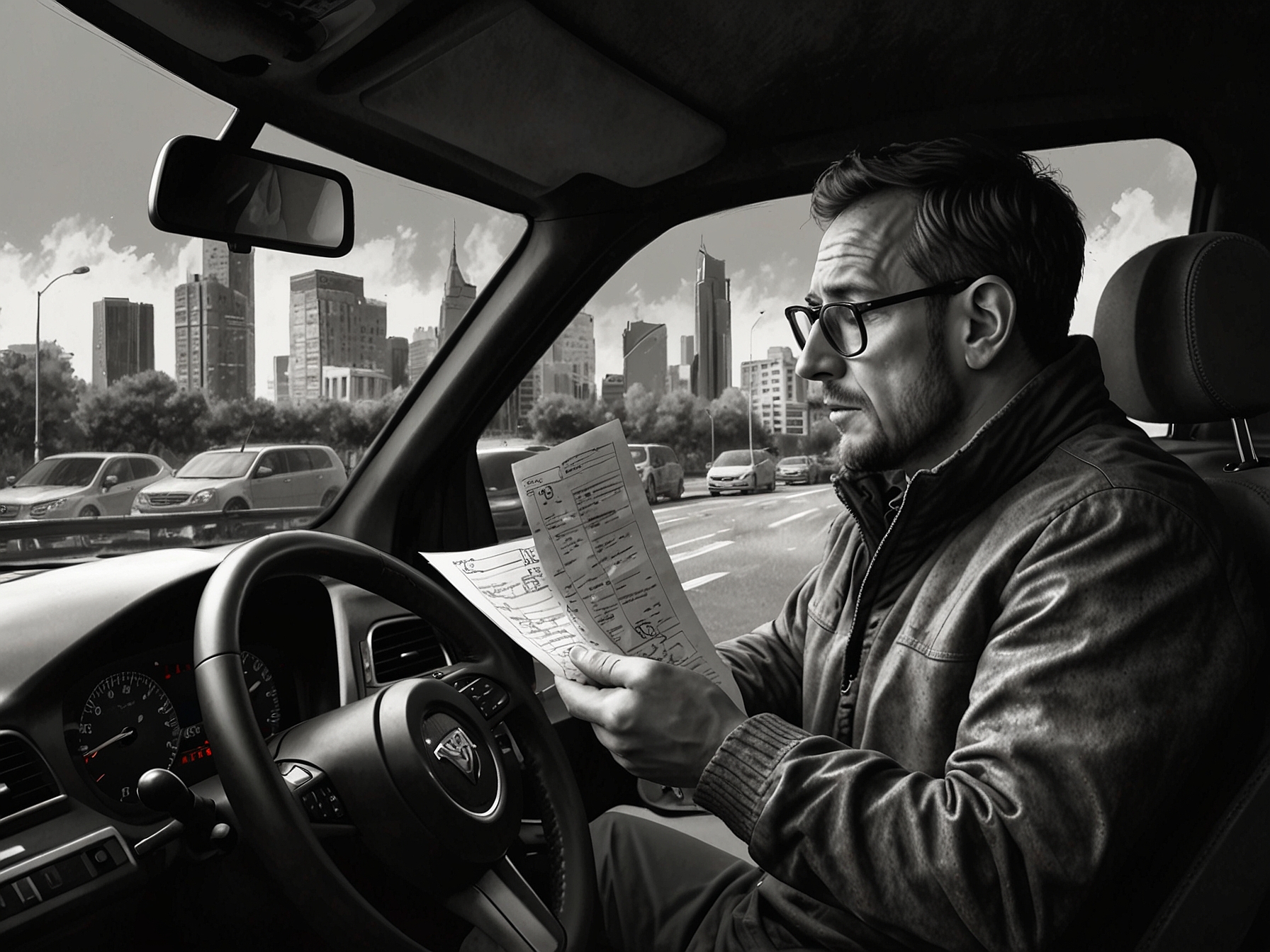 A worried driver reads a letter detailing the increased car tax for high-emission vehicles in 2024, illustrating the financial burden on motorists.