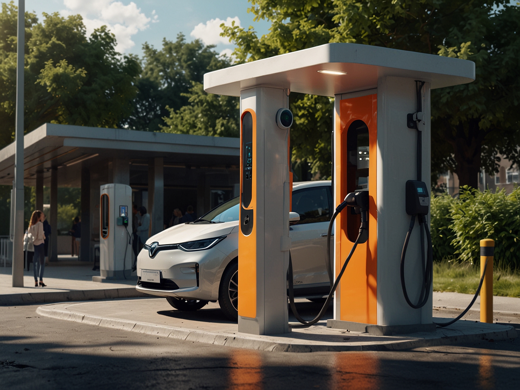 An electric vehicle charging at a public station, representing one of the proposed alternatives to high-emission cars for reducing environmental impact.