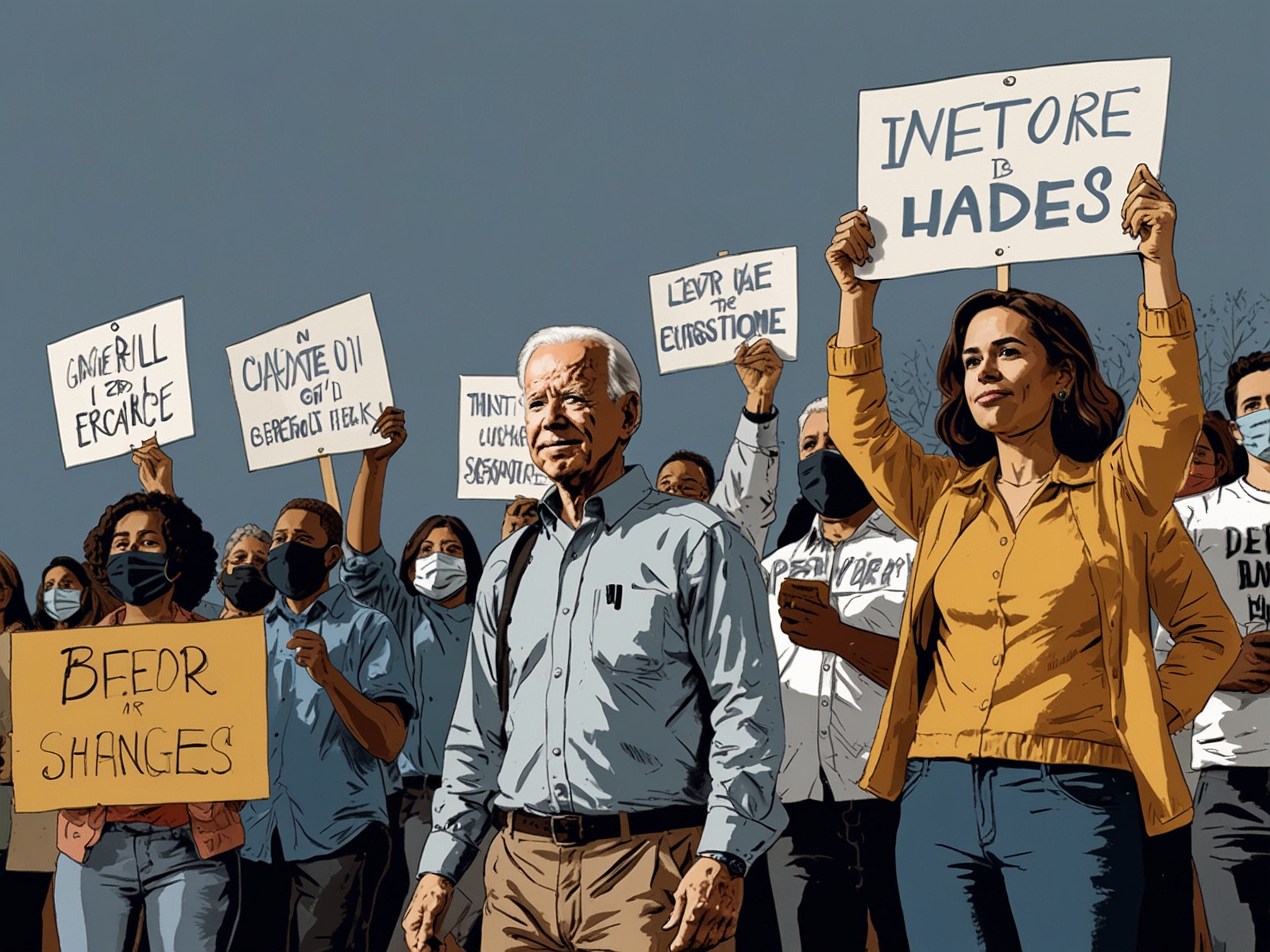 An illustration of Democratic activists protesting at a rally, holding signs calling for more innovative and inclusive spending strategies by top Biden PACs.