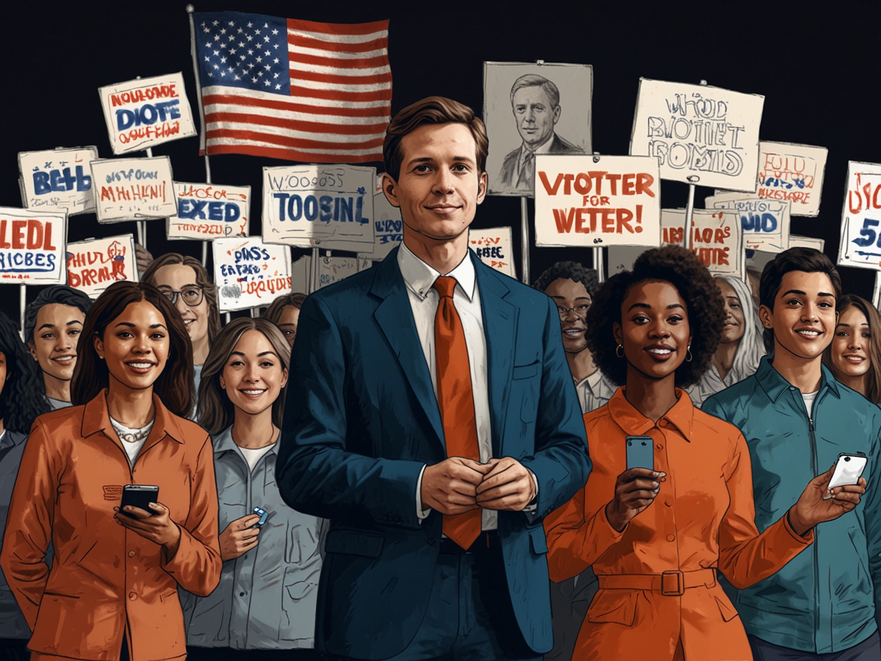 A digital campaign concept showing progressive political ads on social media, highlighting the push for modern strategies to mobilize young and diverse voter bases.