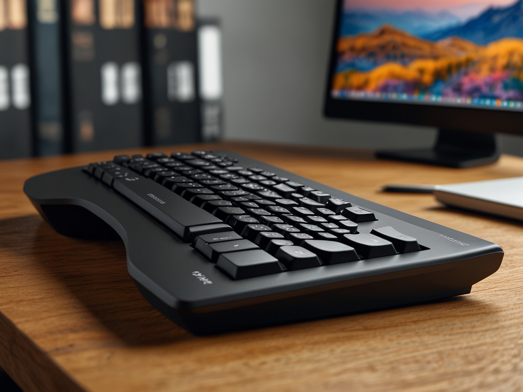 The Wombat Willow Pro Keyboard, showcasing its sleek, low-profile design and ergonomic layout, perfect for both macOS and Windows users, set against a modern desk workspace.