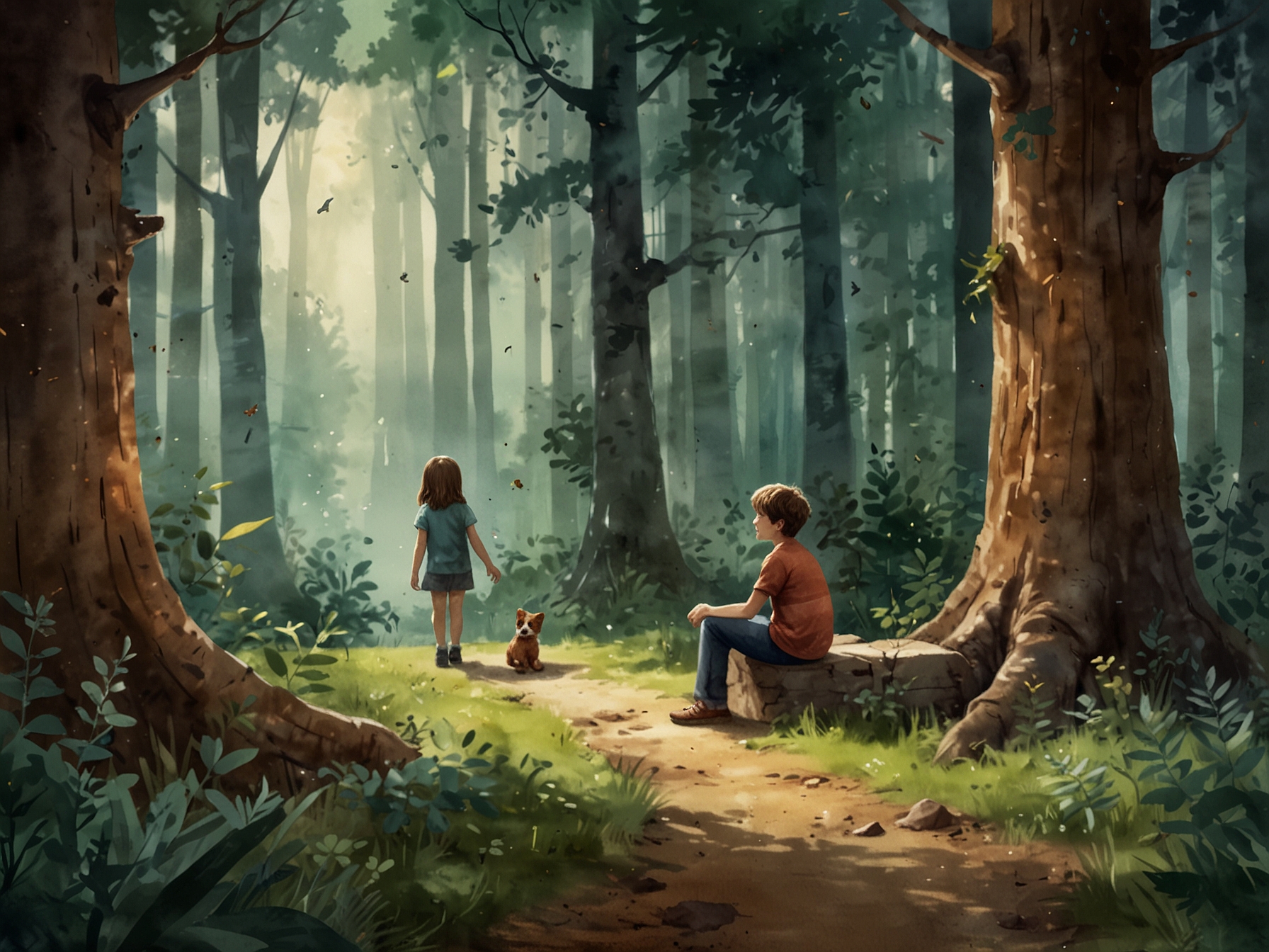 A heartwarming scene where Rudger, the imaginary friend, and Amanda share a playful moment in a dreamy, watercolor-like forest, capturing the innocence of childhood memories.