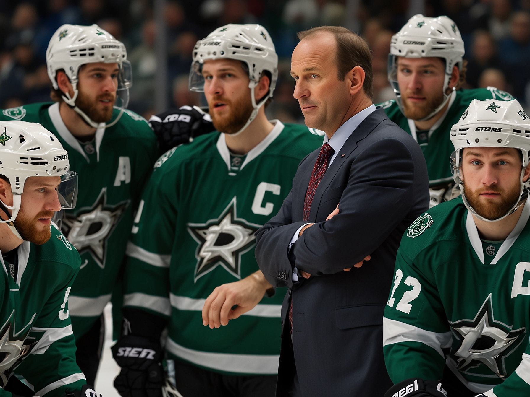 A depiction of the Dallas Stars' coach Pete DeBoer strategizing with the team, highlighting the potential seamless integration of William Carrier into the lineup due to their previous working relationship.
