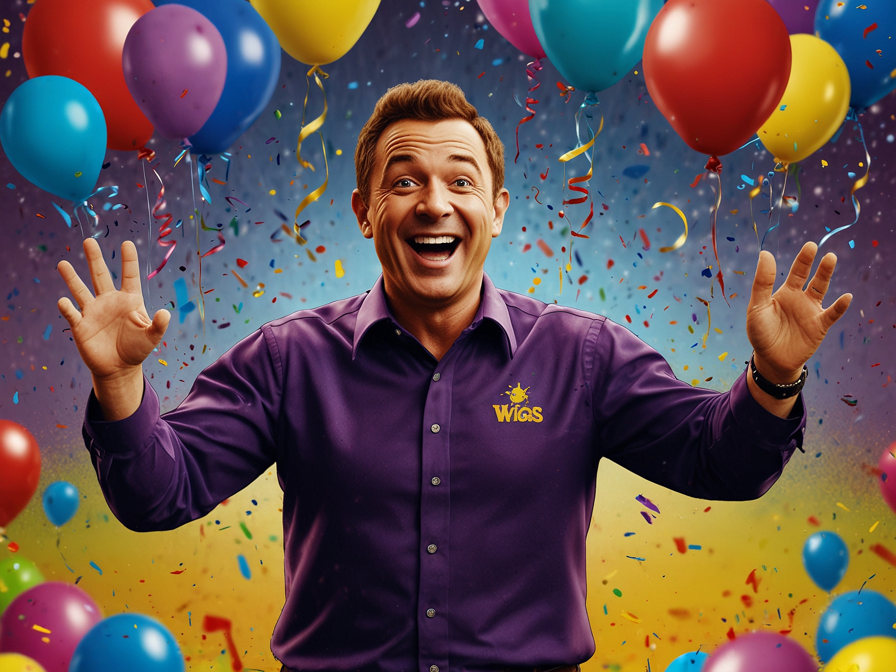 A joyful image of the Wiggles star smiling brightly, surrounded by colorful balloons and confetti, representing the happiness of the major life announcement.