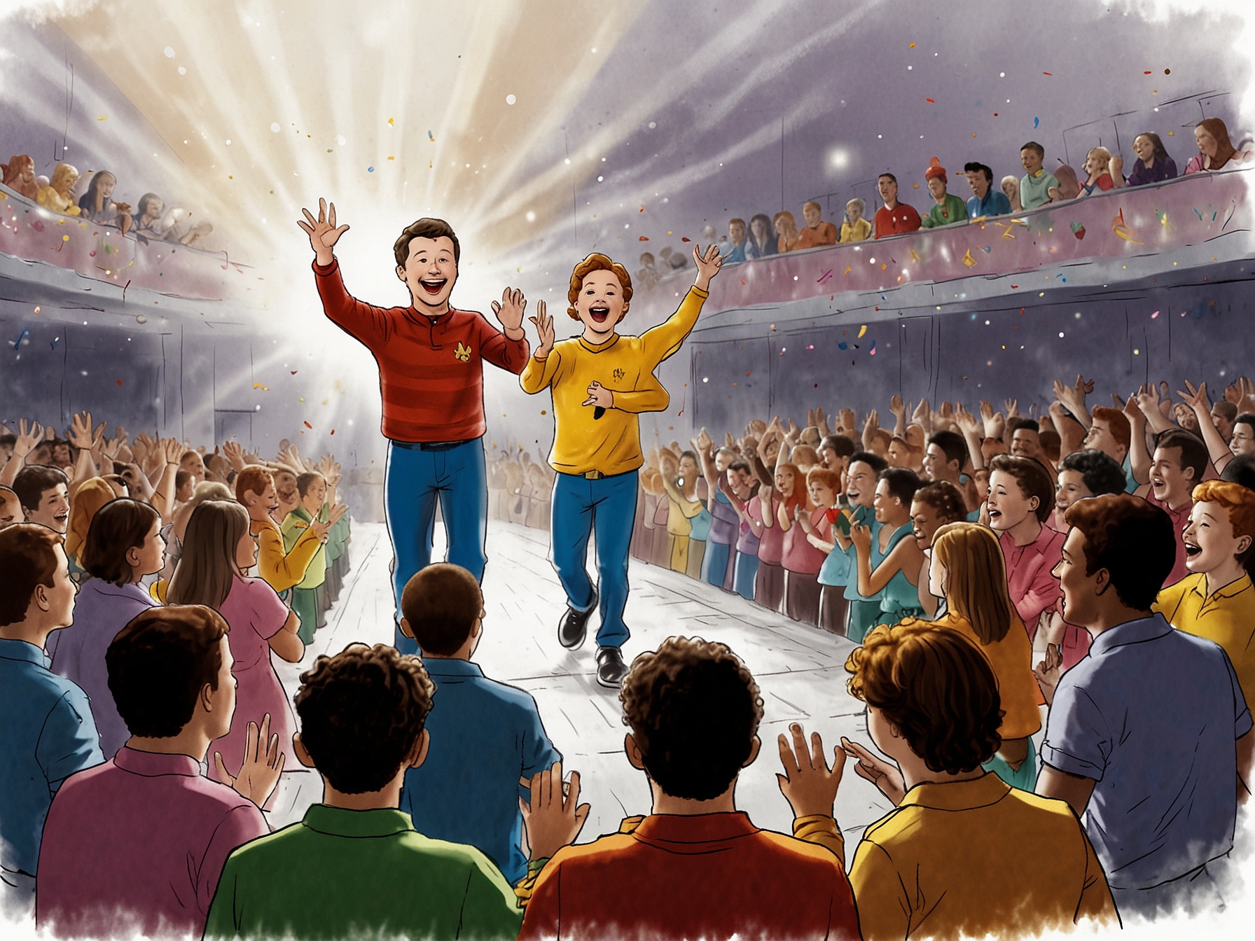 An illustration of The Wiggles performing on stage with an audience of children and parents, capturing the celebratory and joyful atmosphere following the star's personal news.