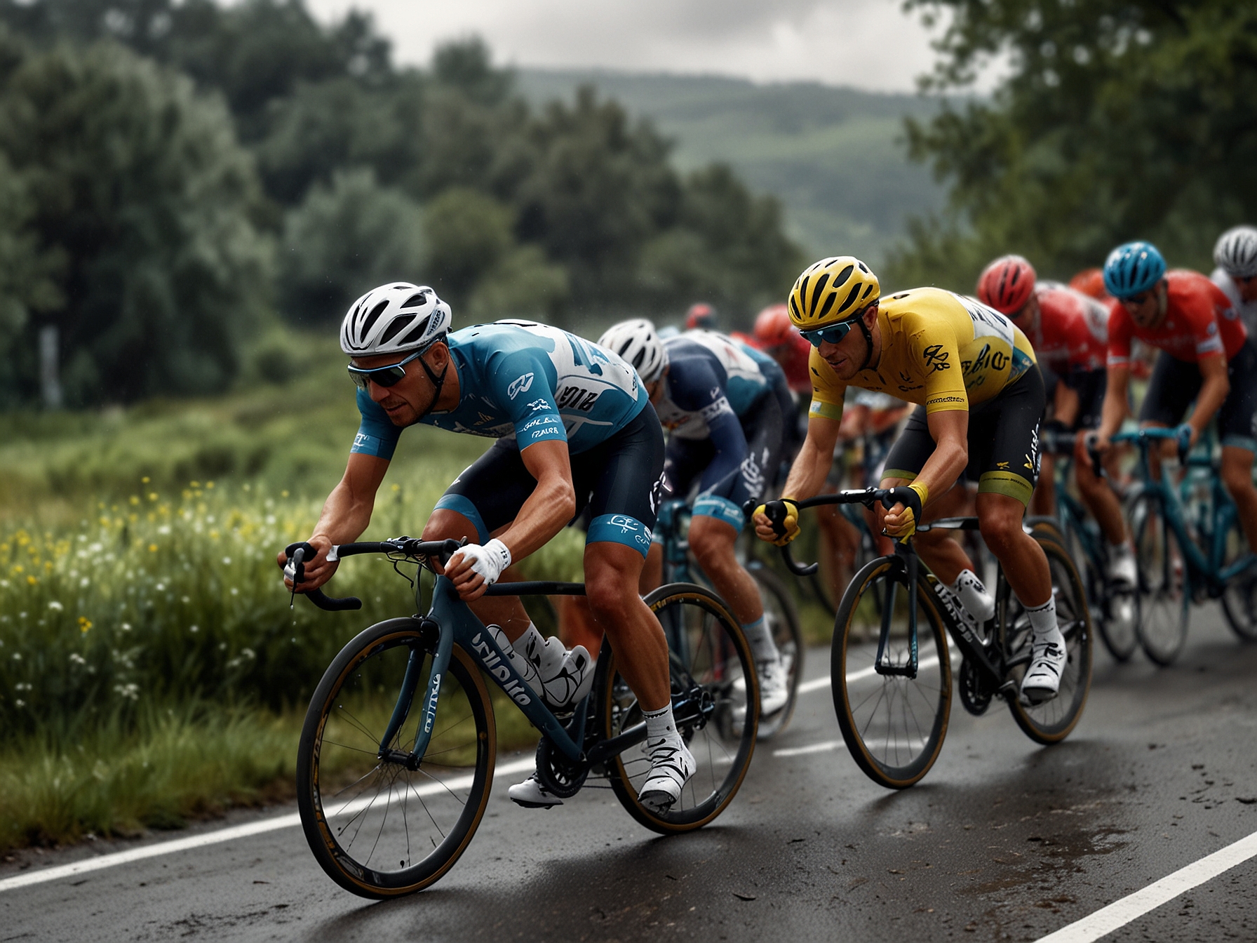 Screenshot showing a competitive race in Tour De France Cycling Legends, featuring cyclists navigating sharp turns and varying terrains under changing weather conditions.